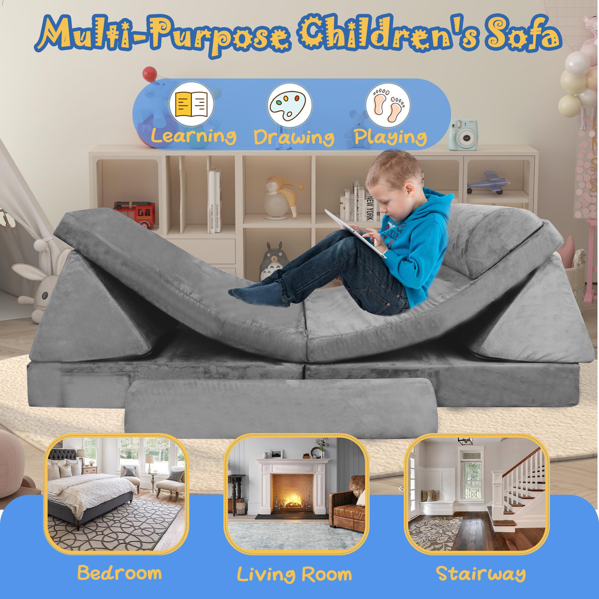 Modular Kids Sofa - Toddler & Baby Playroom Couch for Boys & Girls, Soft and Safe Lounge Furniture for Playtime, Nap Time, and Reading - Perfect for Bedrooms, Playrooms, and Daycare Centers