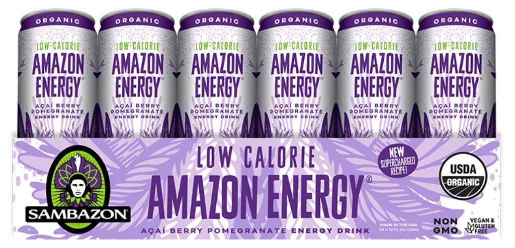 Organic Sambazon Amazon Energy Drink - Low Calorie Acai Berry & Pomegranate Flavor, 12oz (24 Pack) | Natural Boost for Workouts, Office & Outdoor Activities