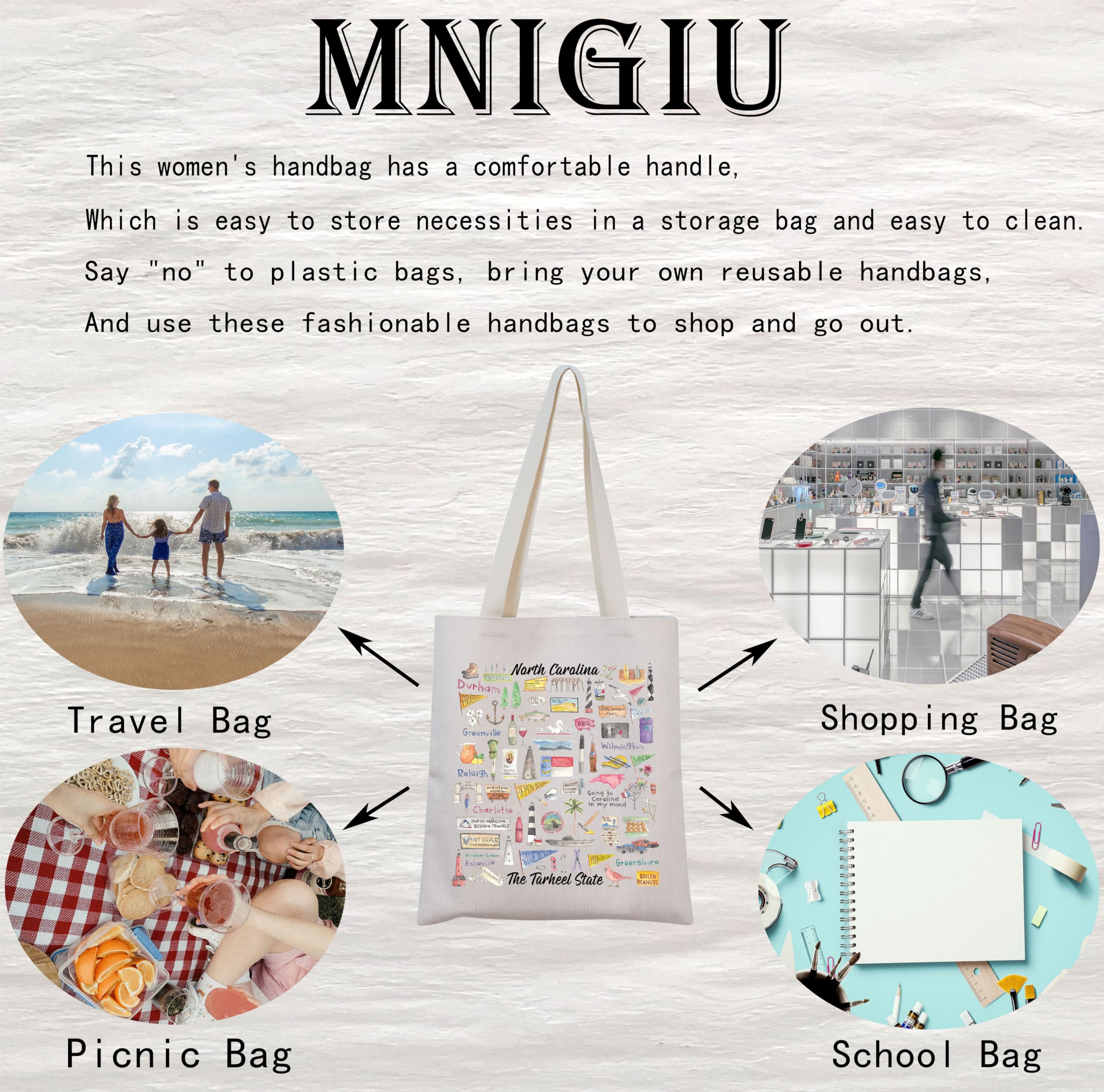 MINIGIU North Carolina Tote Bag - Durable Reusable Shopping Bag for Travel, Beach, Groceries & Gifts | Great for College Students, Commuters & Eco-Friendly Lifestyle