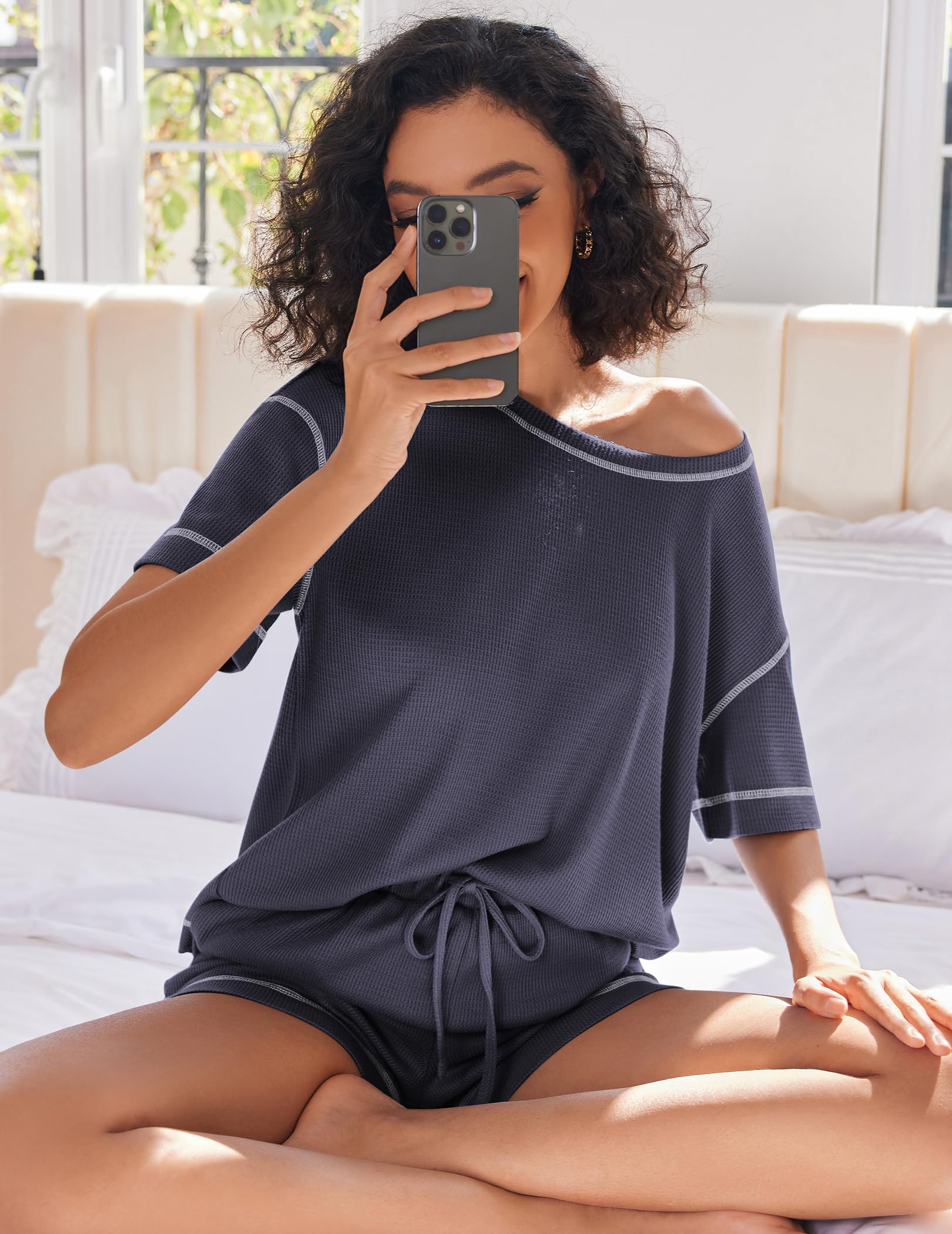 Ekouaer Women's Waffle Knit Pajama Set - 2 Piece Soft Lounge Wear with Pockets | Cozy Sleepwear & Loungewear for Relaxing at Home