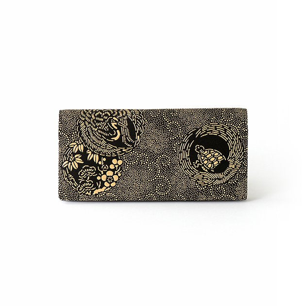 Premium Japanese Deerskin Leather Long Wallet with Urushi Lacquer - Crane & Turtle Design in Gray Black - Handmade in Japan - Perfect for Gifts & Luxury Everyday Use