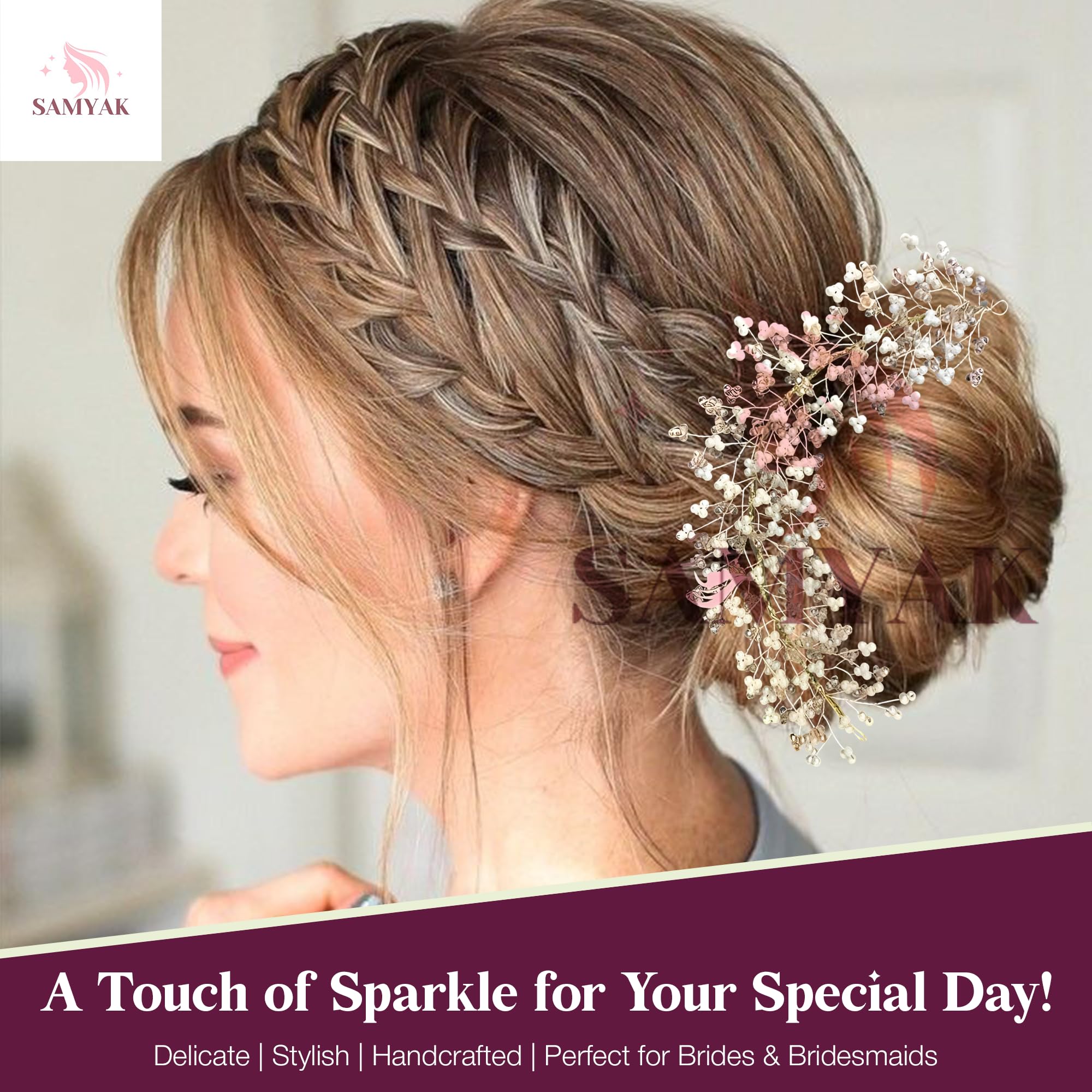 Samyak Crystal Pearl Hair Tiara Headband - Elegant Bridal Hair Accessory for Women | Wedding, Bridesmaid, Prom, Party | Sparkling Hair Vine with Pearls for Updo, Bun, or Half-Up Styles (Pink, 1 Pack)