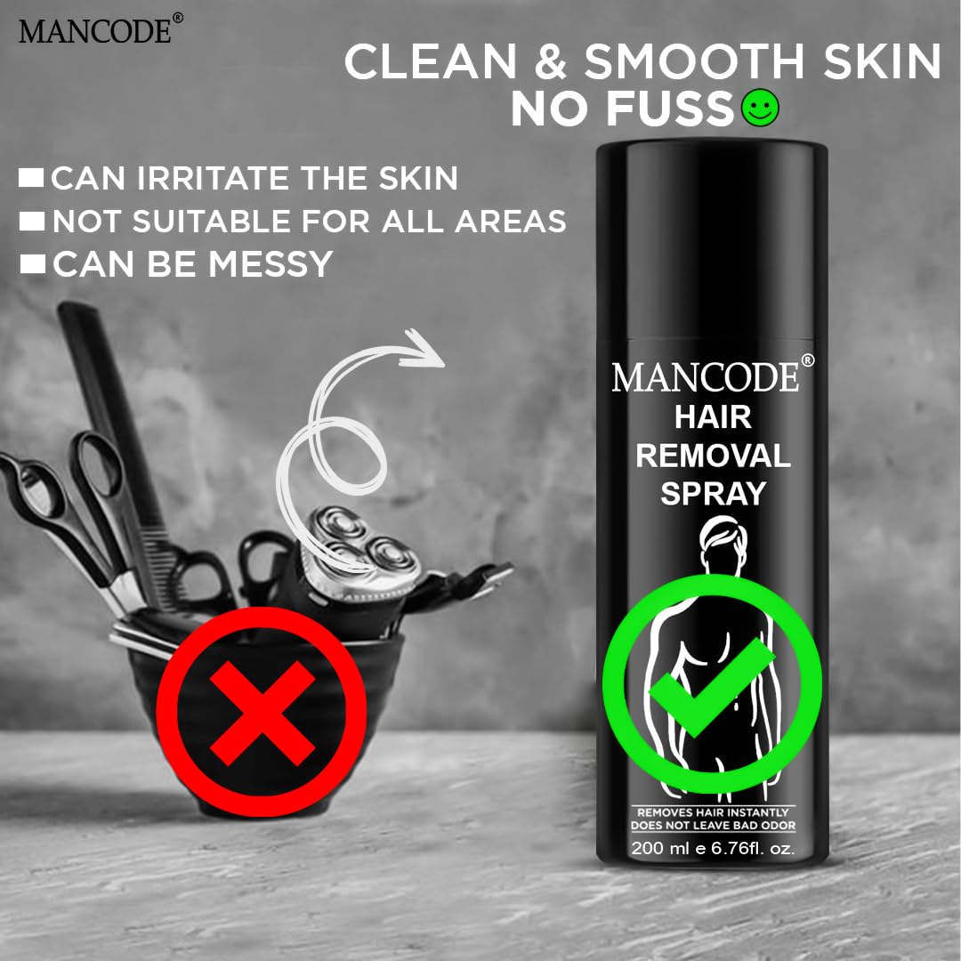 Mancode Hair Removal Spray for Men - Painless Body Hair Remover for Back, Chest, Legs, Arms & Intimate Areas - Fast Acting in 3-6 Minutes - 200ml - Ideal for Smooth Skin Before Beach, Gym or Date Night