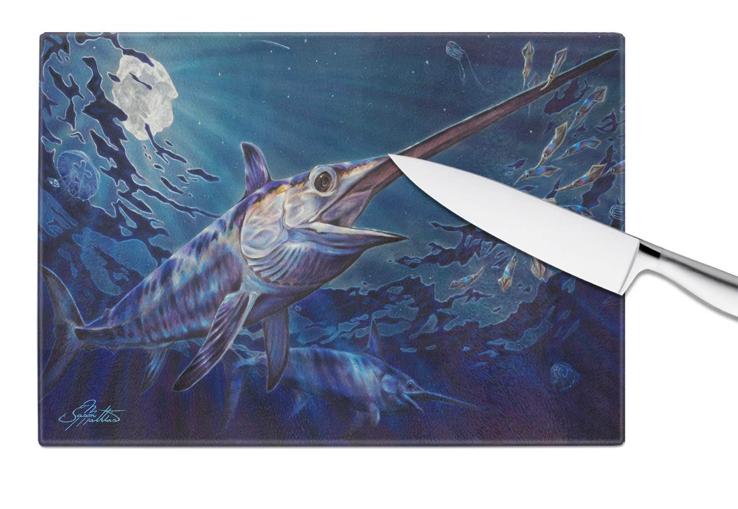 Prince of Darkness Swordfish Tempered Glass Cutting Board - Large Decorative Kitchen Chopping & Serving Board for Fish, Meat, Vegetables | Durable Heat-Resistant Glass for Food Prep & Display | Perfect for Entertaining & Gourmet Cooking
