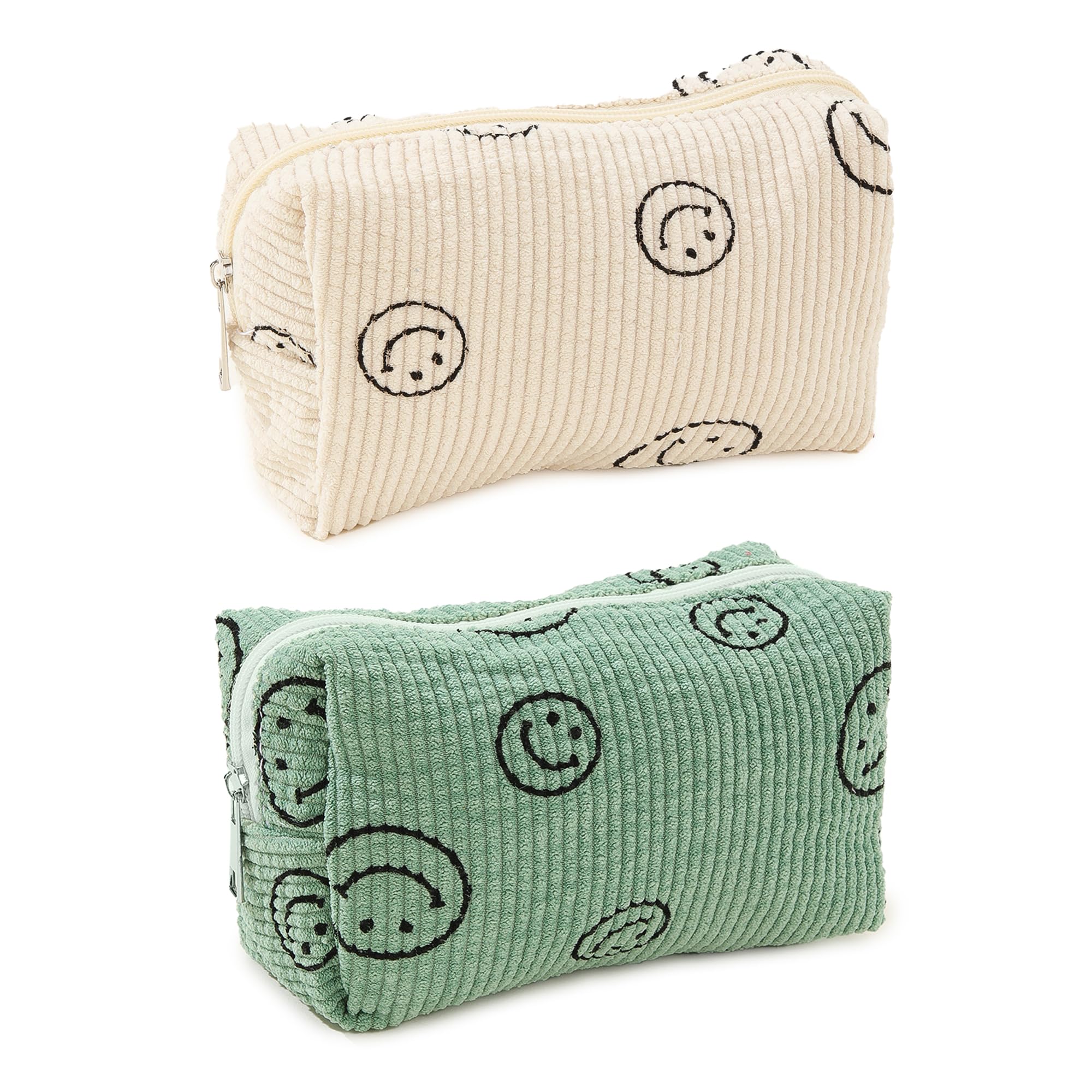 Street27® 2-Piece Corduroy Makeup Bag Set - Cute Smiley Face Cosmetic Pouch & Travel Toiletry Organizer for Women (25x18cm) | Perfect for Makeup Brushes Storage, Travel Essentials & Aesthetic Vanity Organization