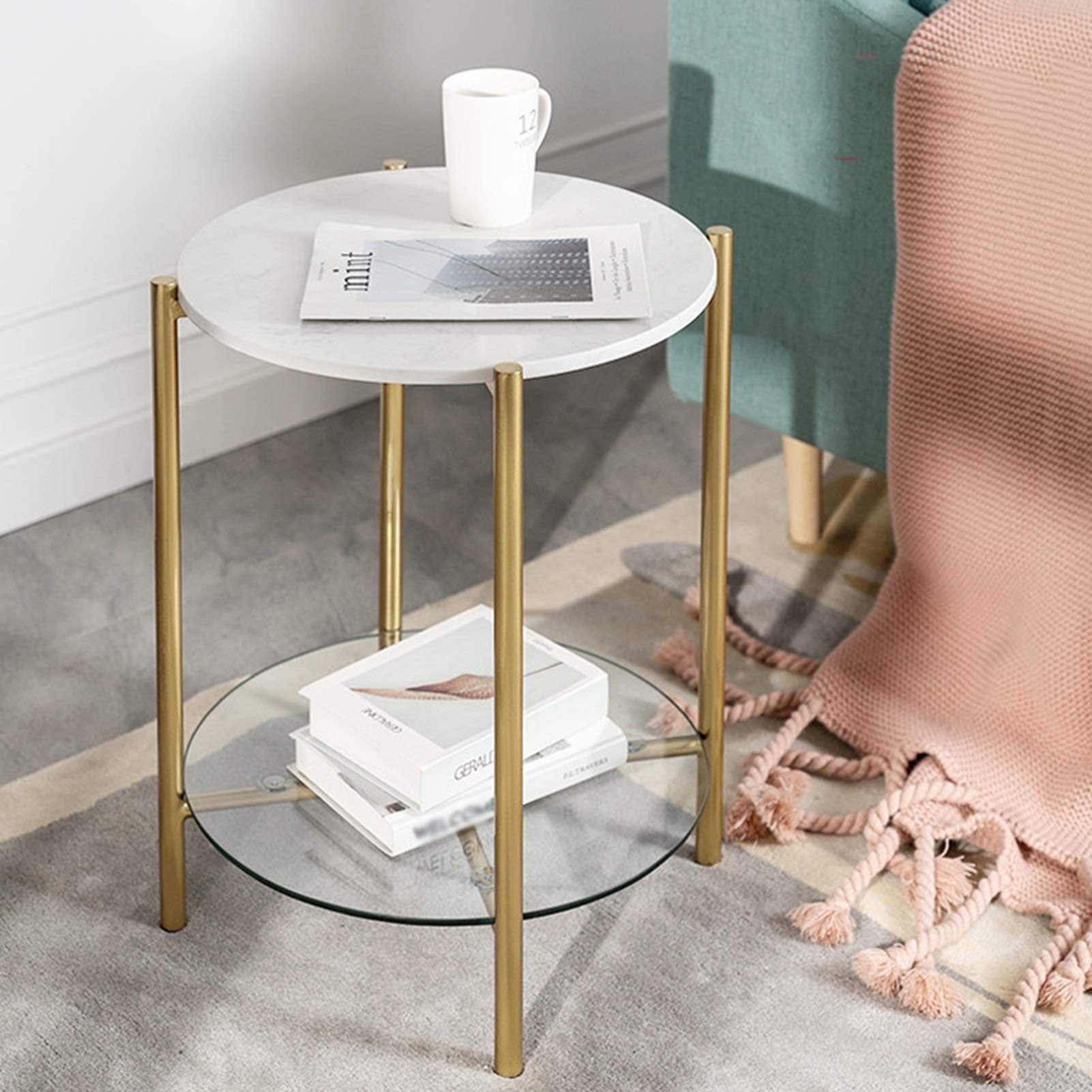 Juan Marble & Tempered Glass 2-Tier Round Side Table - Golden Wrought Iron Nightstand for Living Room & Bedroom (45x60cm) - Perfect for Coffee Table, Sofa End Table, and Bedside Storage