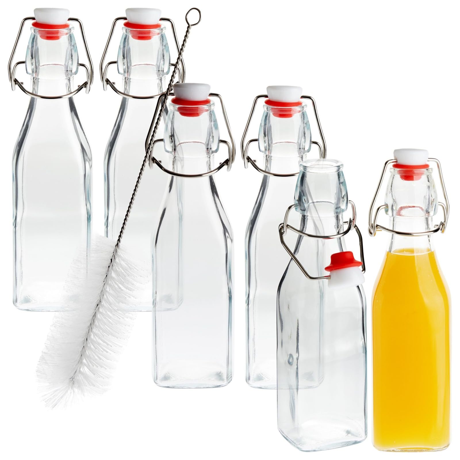 6-Pack 8oz Swing Top Glass Bottles with Airtight Stoppers & Cleaning Brush - Perfect for Hot Sauce, Vanilla Extract, Infused Oil, Syrup & Homemade Kombucha - Ideal for Kitchen Storage, DIY Gifts & Home Brewing