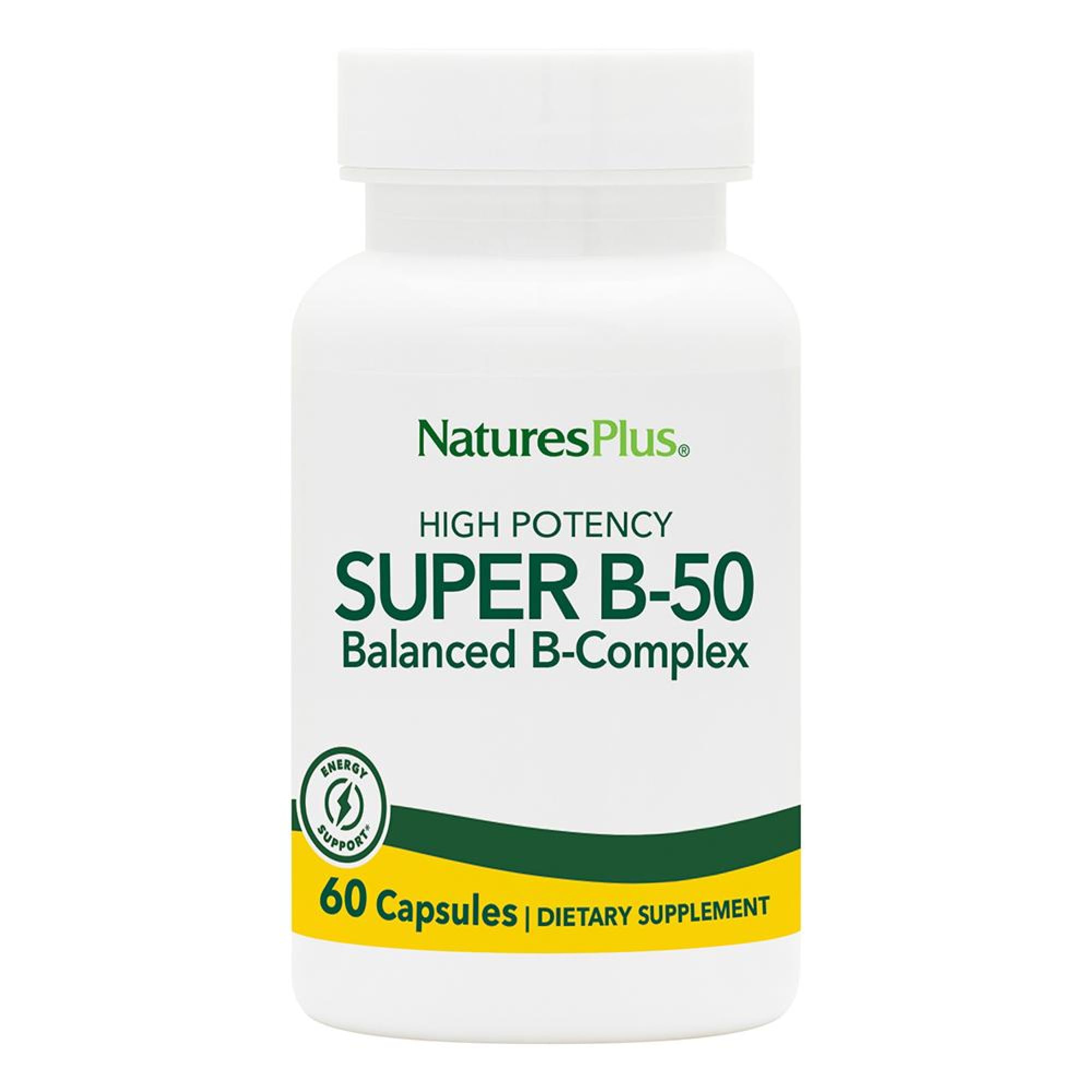 NaturesPlus Super B50-60 Vegetarian Capsules | High Potency B Complex Vitamin Supplement for Brain Function & Energy Support | Gluten-Free, Non-GMO | 60 Servings | Ideal for Busy Professionals & Students