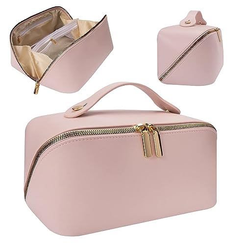 BEYOND BASIC Women's Leather Makeup Travel Bag - Portable Cosmetic Organizer with Handle & Dividers, Wide Opening Makeup Storage Bag for Travel, Home, and Salon Use