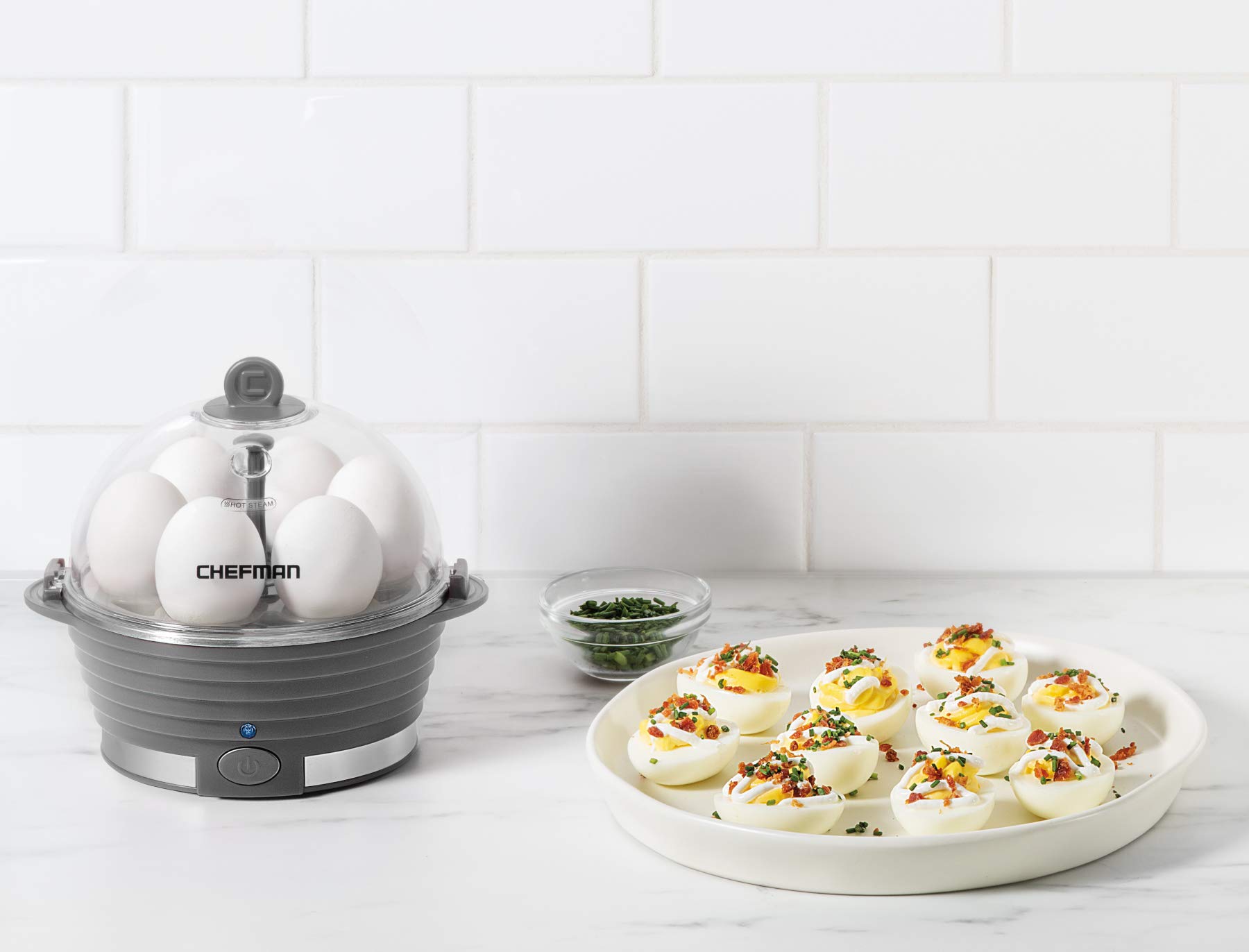 Chefman Electric Egg Cooker - 6 Egg Capacity, Fast Boiling & Poaching, Hard/Medium/Soft Boiled Eggs, Includes Omelet Tray & Vegetable Steamer, BPA-Free, Grey - Perfect for Breakfast, Meal Prep & Healthy Cooking