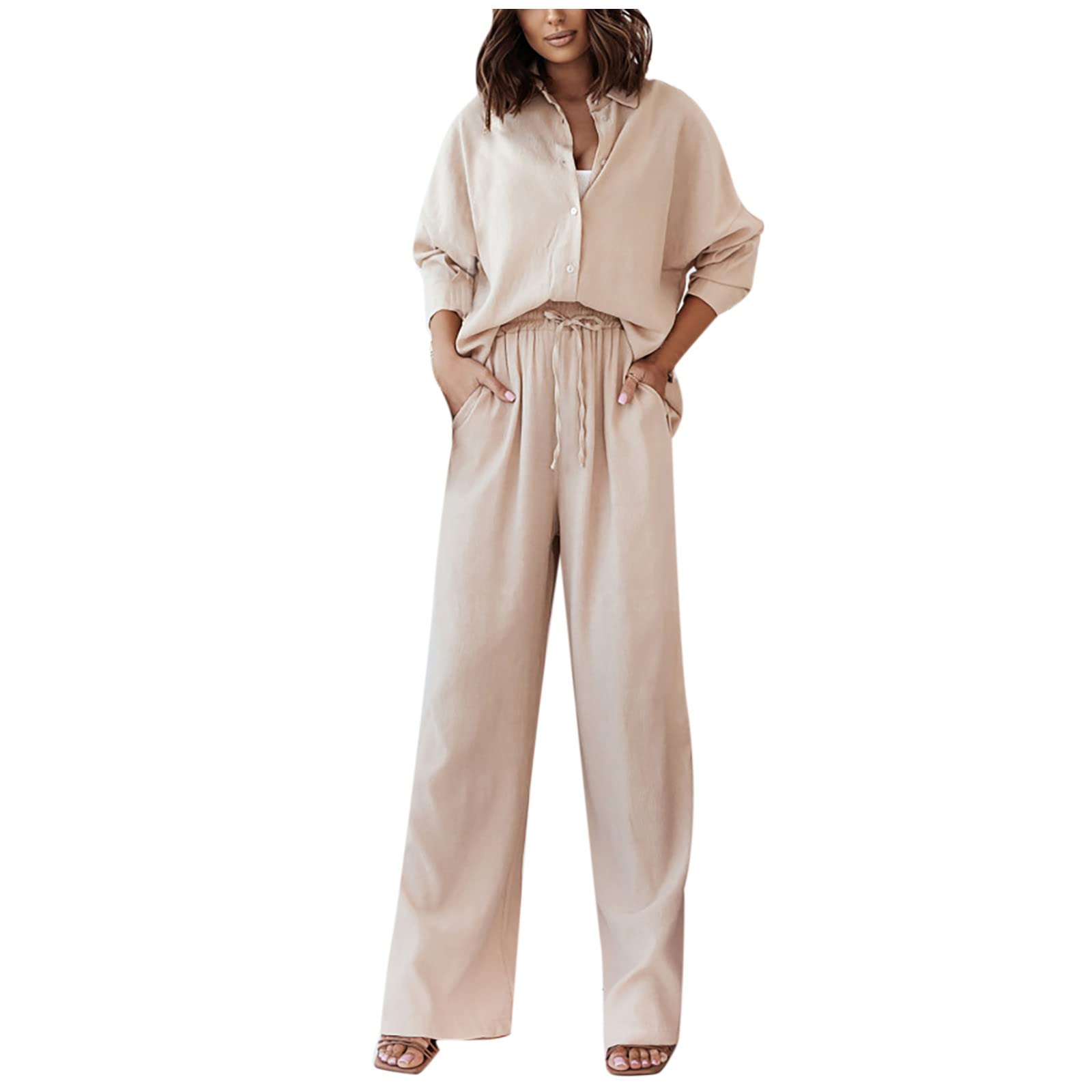 2 Piece Women's Lounge Sets - Long Sleeve Button Down Lapel Shirts & Wide Leg Pants with Pockets | Soft Comfortable Loungewear for Home, Travel & Relaxation