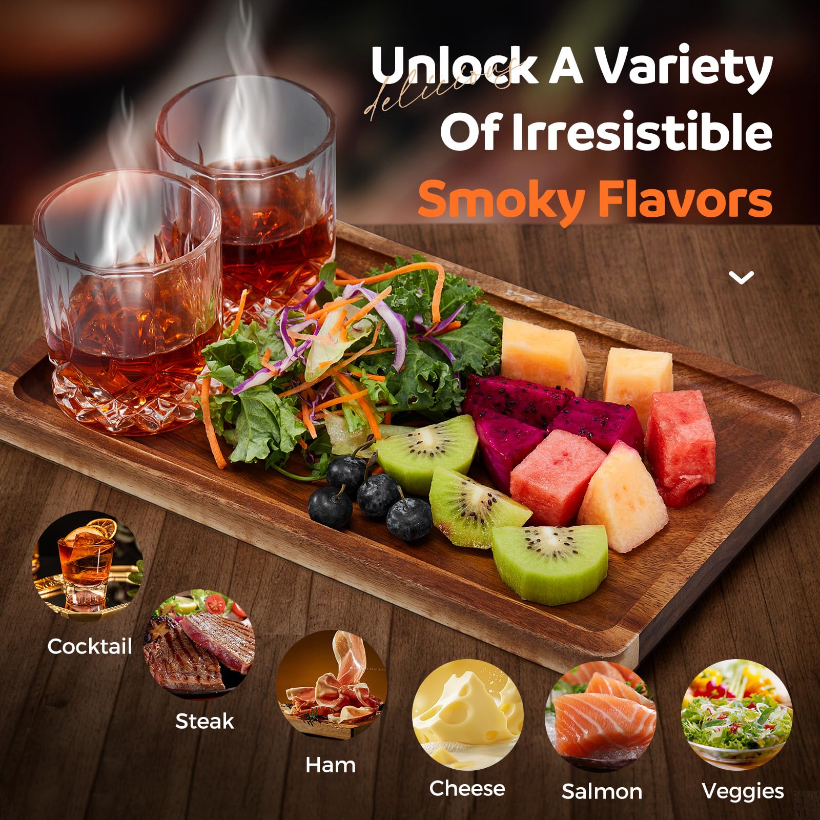 Premium Cocktail Smoker Kit - Whiskey & Bourbon Smoking Gun Set with Wood Chips, Smoking Box & Food Tray - Perfect for Old Fashioned Cocktails & Gourmet Food - Ideal Gift for Men & Home Bartenders (Butane-Free)