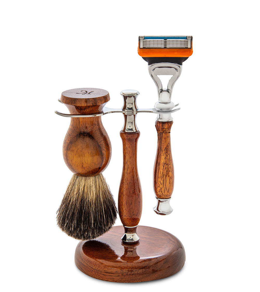 Premium Koa Wood Shaving Kit #2a with Fusion Razor & Badger Hair Brush - Luxury Men's Grooming Set for Wet Shaving & Travel