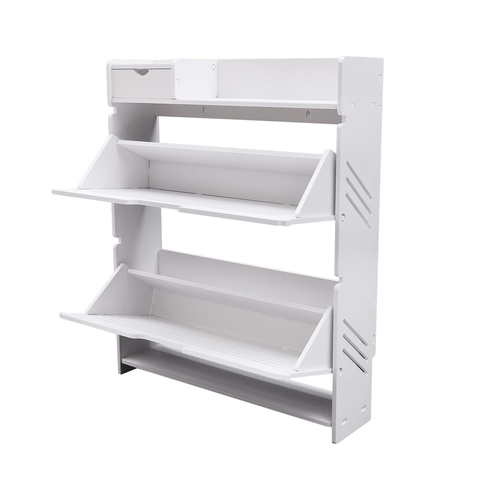 Modern Narrow White Flip Down Shoe Rack Shelf (2 Tiers) - Space Saving Shoe Organizer for Closet, Entryway & Small Apartments - Perfect for Storing Shoes, Sandals & Sneakers