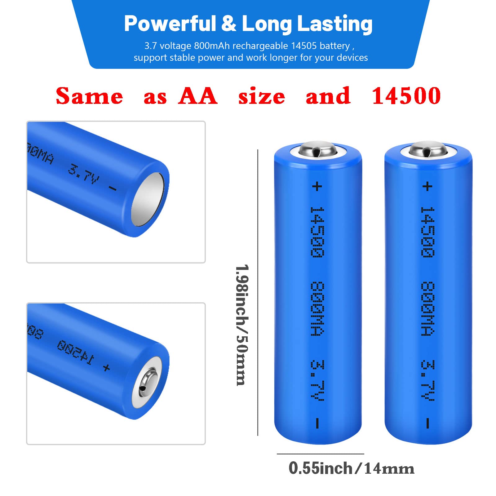 3.7V 14500 Rechargeable Li-Ion Battery 800mAh Button Top - High Capacity Lithium Ion Batteries for Headlamps, Flashlights, LED Lights & Camping Gear - Perfect for Outdoor Adventures, Emergency Kits & DIY Projects