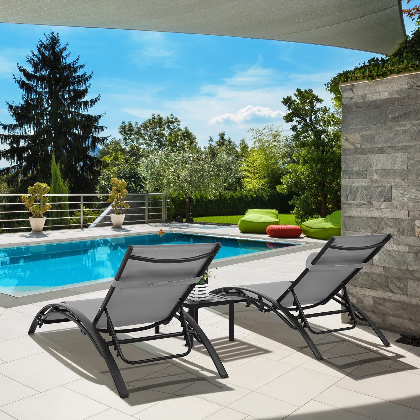 **AthLike 3-Piece Pool Chair Set with Headrest – 5-Level Adjustable Patio Chaise Lounge for Sunbathing & Tanning – Includes Side Table for Outdoor, Beach, Poolside (Grey) – Perfect for Relaxing by the Pool or Beach**