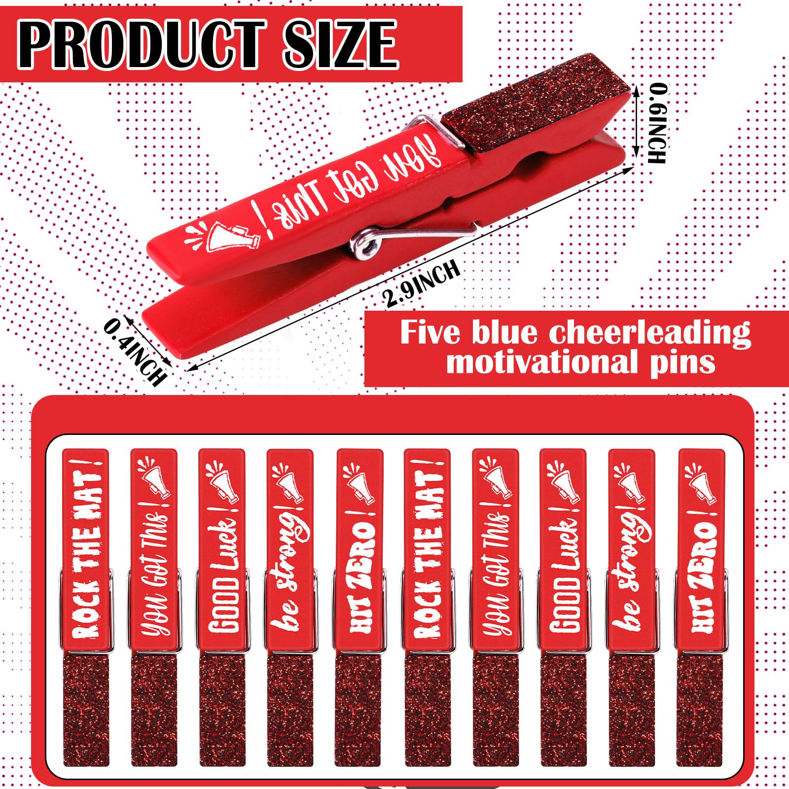 30 Pcs Cheerleader Spirit Clips - Glittered Cheer Pins for Backpacks, Clothes & Team Gifts - Bulk Cheerleading Accessories for Competitions, Parties & School Events (Red, Shiny)