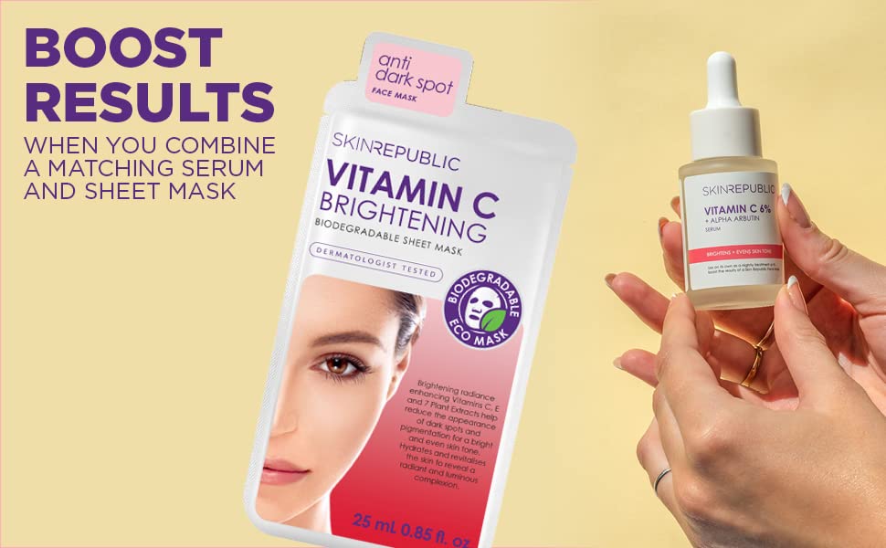 Skin Republic Vitamin C Brightening Sheet Face Mask - Brightens & Evens Skin Tone for Radiant Glow | Hydrating Facial Treatment for Dull Skin | Perfect for Daily Skincare Routine & Pre-Makeup Prep (1 Pack)