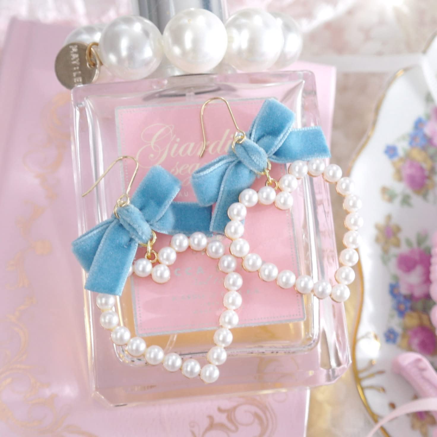 Blue Velvet Bow Pearl Heart Earrings - Dangle & Clip On Romantic Angelic Jewelry for Women | Perfect for Valentine's Day, Weddings & Date Nights