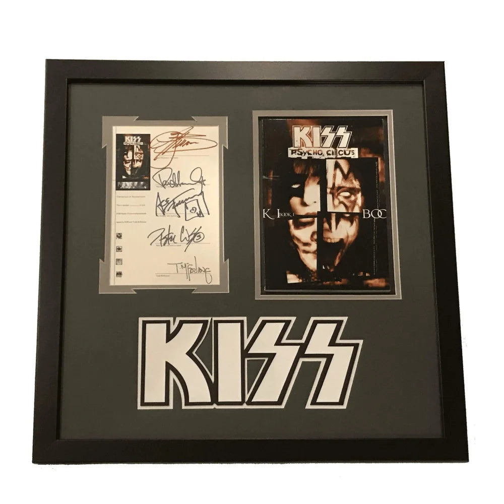 Kiss Band Signed Framed Collage - Gene Simmons, Paul Stanley, Ace Frehley Autographed Memorabilia with JSA COA | Perfect for Rock Music Fans & Collectors, Wall Decor for Home & Office