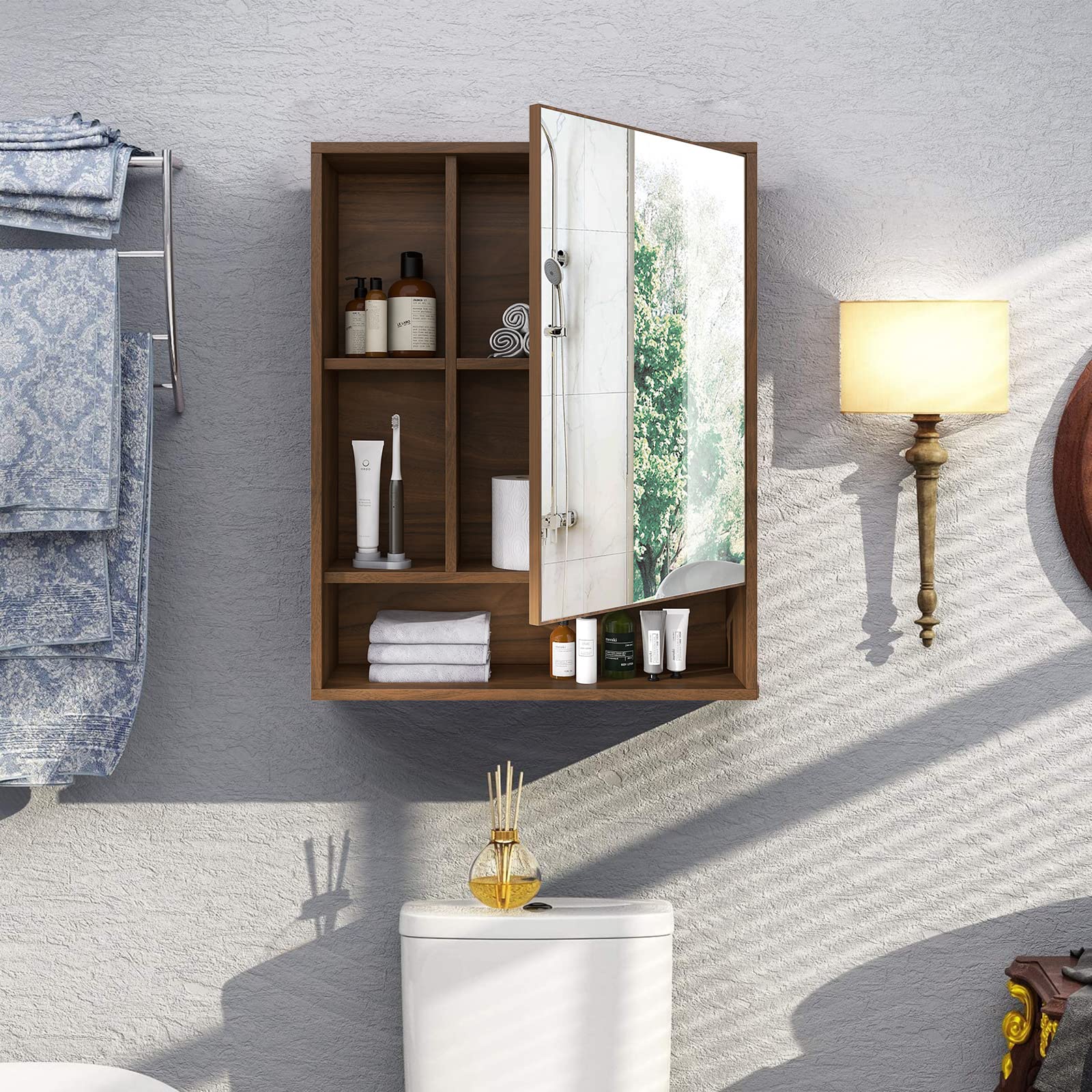 ChooChoo Bathroom Wall Mirror Medicine Cabinet - Single Door with Adjustable Shelf, Over The Toilet Space Saving Storage Cabinet in Walnut Finish - Perfect for Small Bathrooms, Powder Rooms & Apartment Living