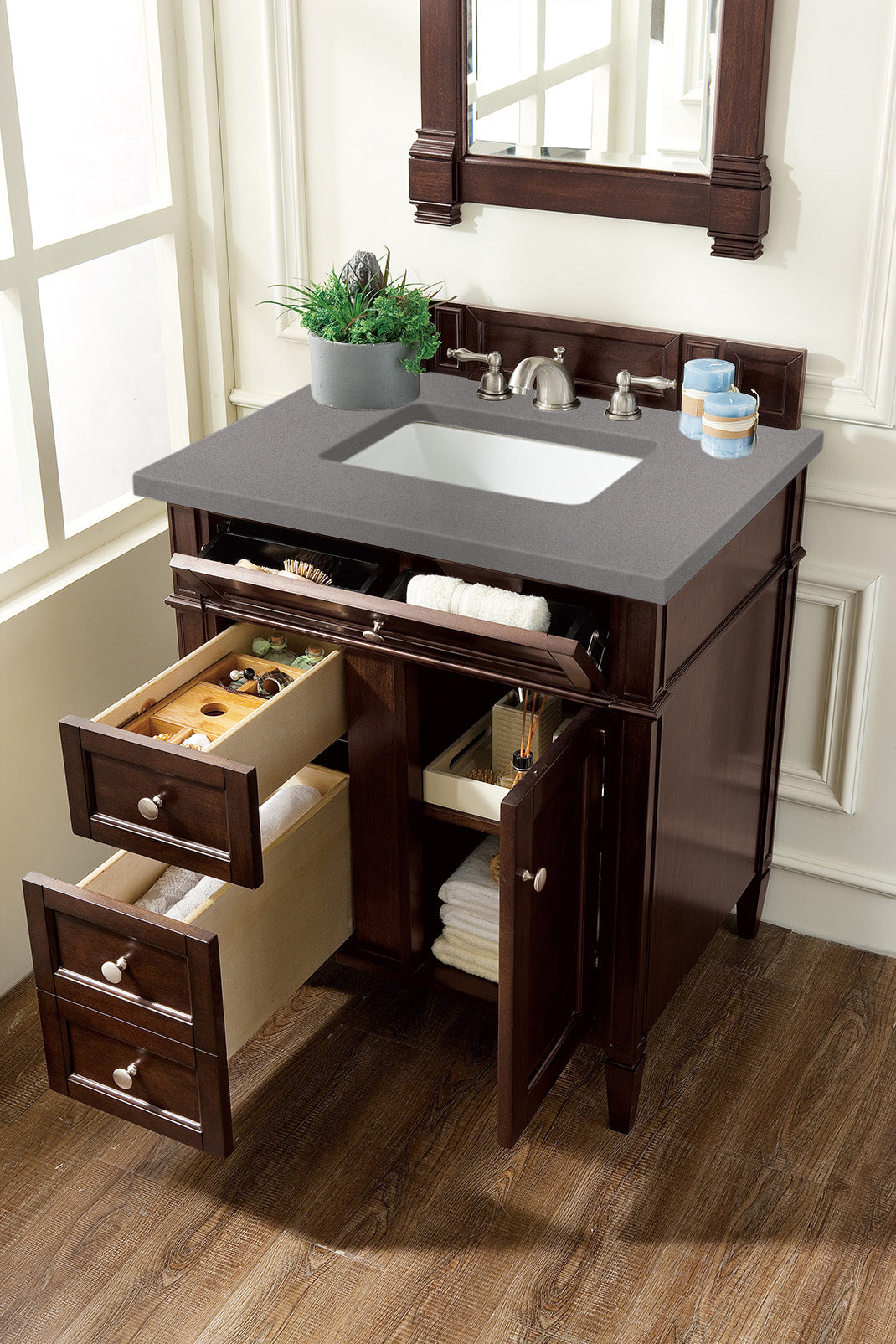 Brittany 30-Inch Single Bathroom Vanity with Burnished Mahogany Finish & 3CM Grey Expo Quartz Countertop - Perfect for Modern Home Bathroom Remodeling