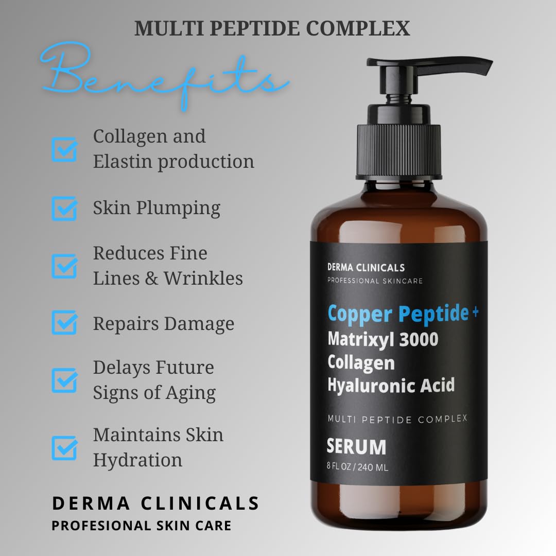 Copper Peptide + Matrixyl 3000 Anti-Aging Face Serum with Collagen & Hyaluronic Acid - Firming & Plumping Wrinkle Treatment for Youthful Skin - 8oz - Perfect for Nighttime Skincare Routine & Daily Anti-Aging Regimen