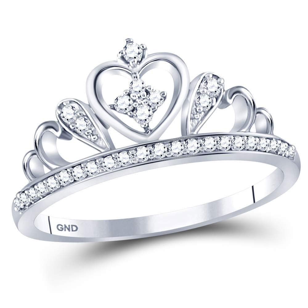 Sterling Silver Women's Round Diamond Crown Tiara Heart Ring - 1/6 CTTW - Perfect for Weddings, Prom, Anniversary Gifts & Special Occasions