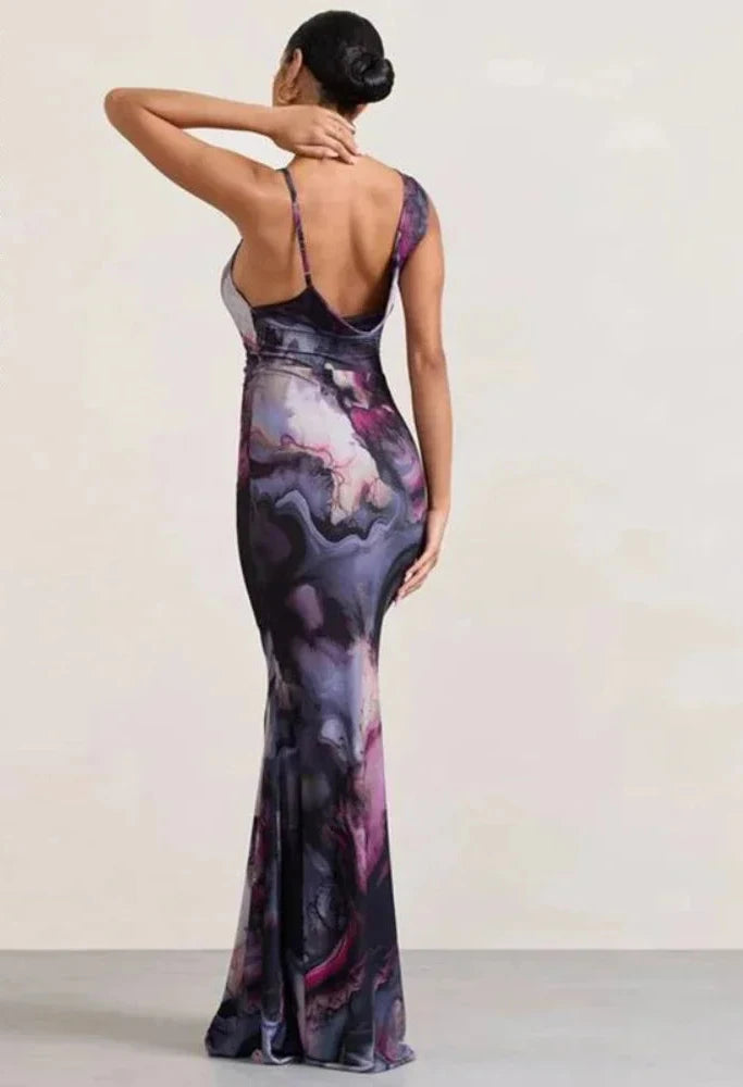 Elegant Purple Printed Asymmetrical Backless Maxi Dress for Women - Sexy Party Dress for Ladies, Perfect for Evening Events, Prom, Cocktail Parties & Date Nights - C83 BG31