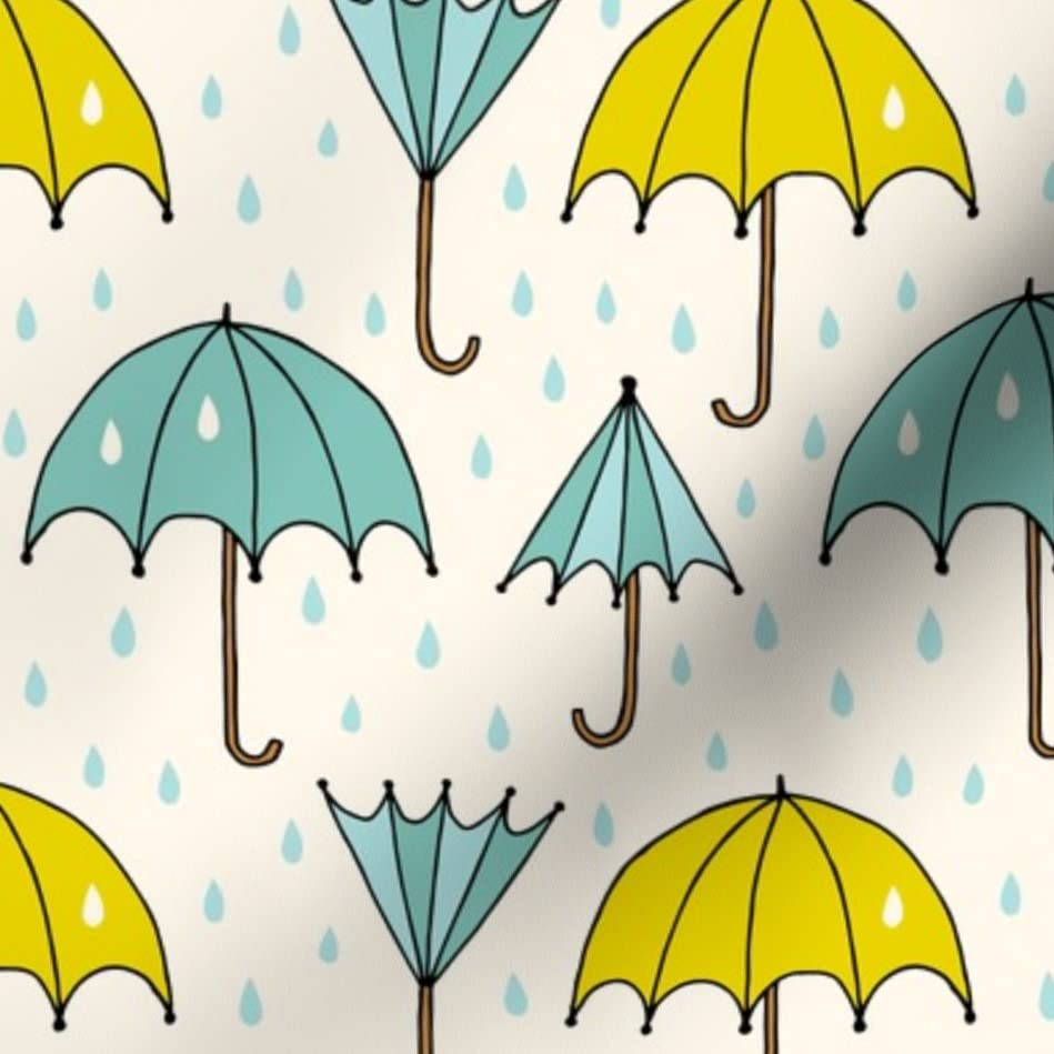 Umbrella Day Rain Raindrops Printed Minky Fabric - Chartreuse Teal Umbrellas Gender Neutral Design - Fat Quarter for Sewing Baby Blankets, Quilt Backing & Plush Projects - Soft & Durable for DIY Crafts, Nursery Decor & Cozy Home Accessories