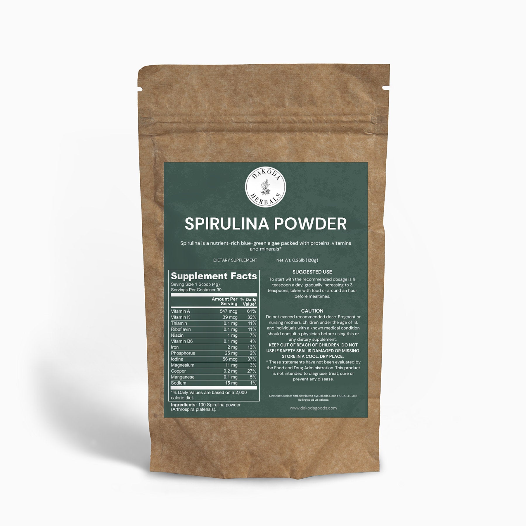 Premium Organic Spirulina Powder by Dakoda Herbals | Superfood for Smoothies, Detox & Energy Boost | Vegan & Gluten-Free Supplement for Health & Wellness