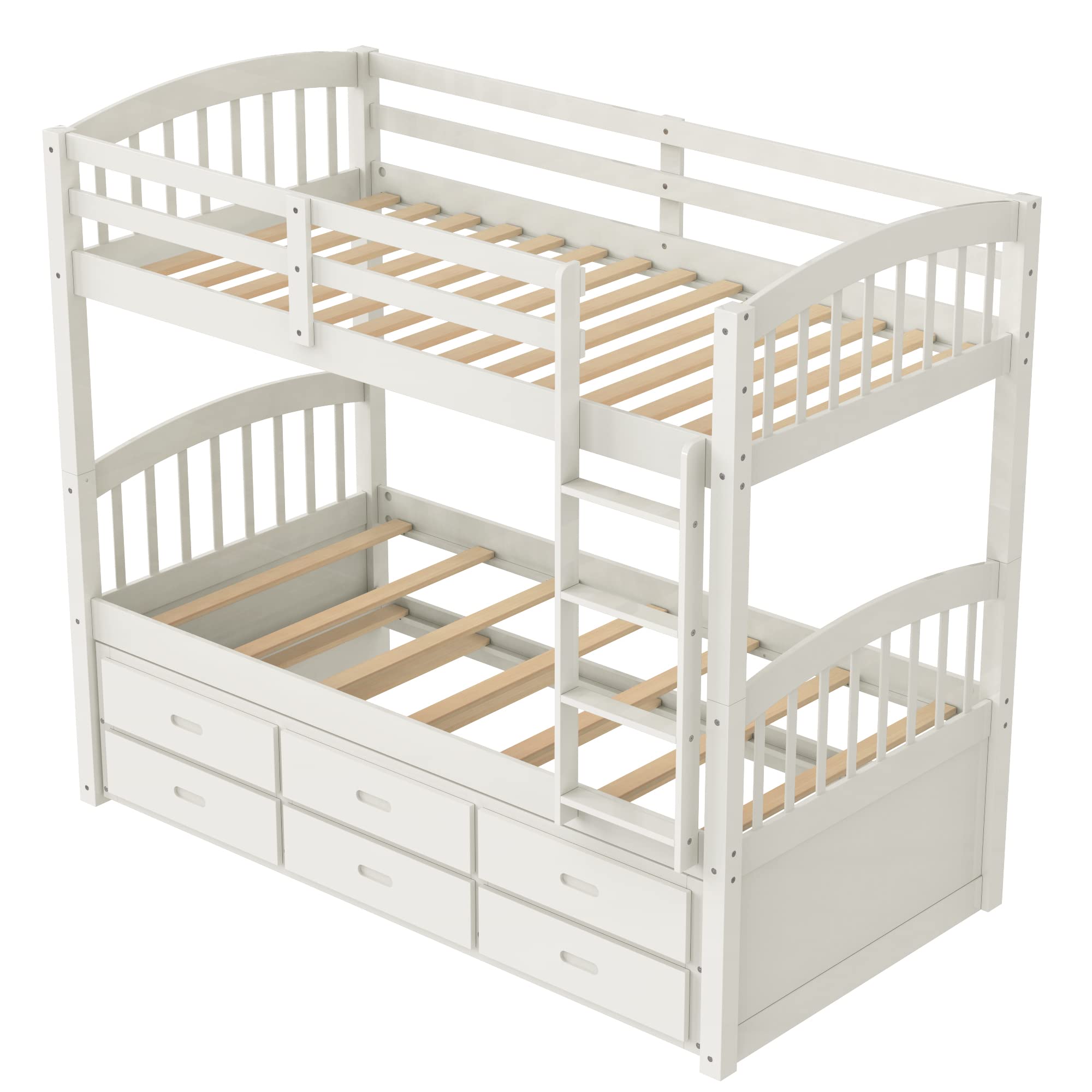 Harper & Bright Designs Solid Wood Twin Over Twin Bunk Bed with Trundle - 3 Storage Drawers, Safety Rail, Convertible to 2 Beds - No Box Spring Needed (White) | Perfect for Kids' Bedroom, Guest Room & Space-Saving Solutions