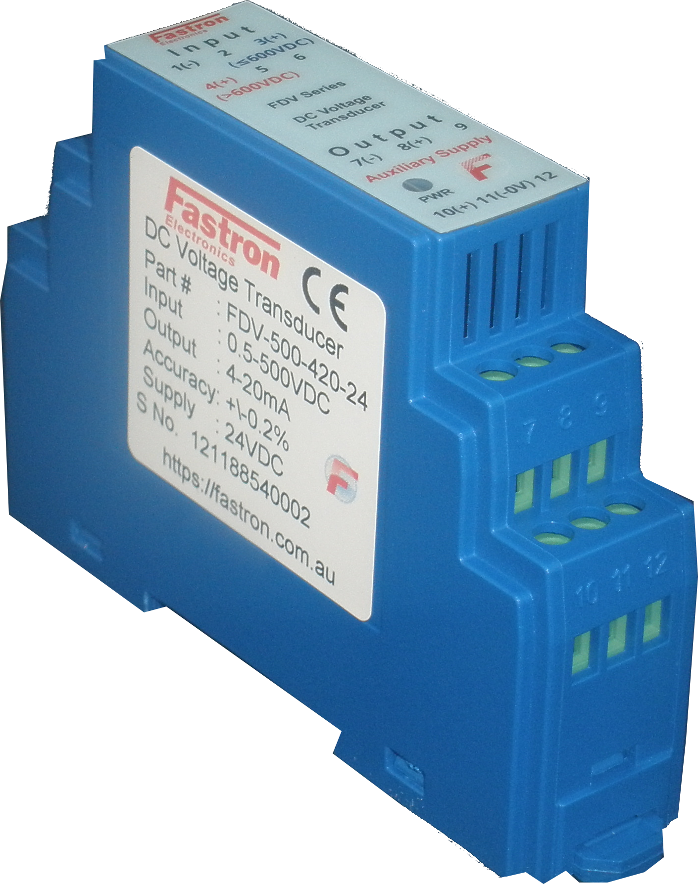 FDV 100 V05 12 DC Voltage Transducer - DIN Rail Mount, 0-100VDC Input, 5V Output, 12VDC Supply, 150ms Response - Perfect for Industrial Automation & Power Monitoring Systems