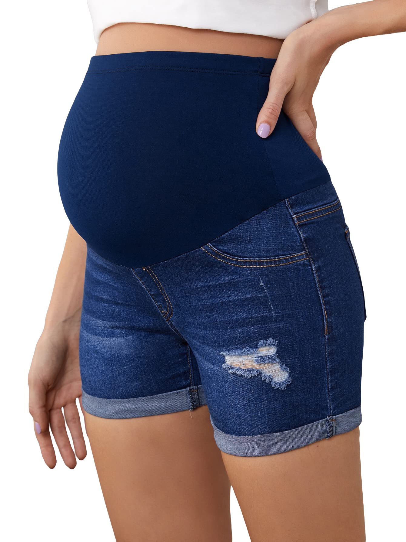 Stylish Women's Maternity Jean Shorts - High Waisted Ripped Rolled Denim Shorts for Pregnancy Comfort | Perfect for Summer Outfits, Beach Vacations & Casual Wear
