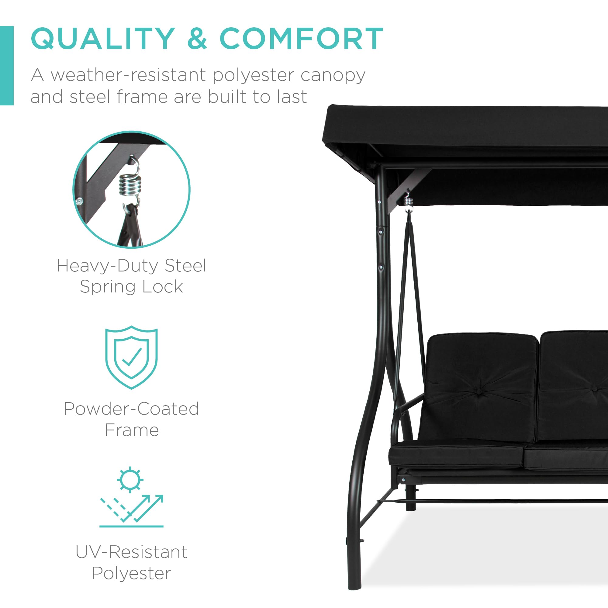 Best Choice Products 3-Seat Outdoor Canopy Swing Glider with Adjustable Shade - Patio Hammock Lounge Chair for Porch, Backyard, Garden w/ Removable Cushions & Flatbed - Perfect for Relaxing, Sunbathing & Outdoor Gatherings - Black