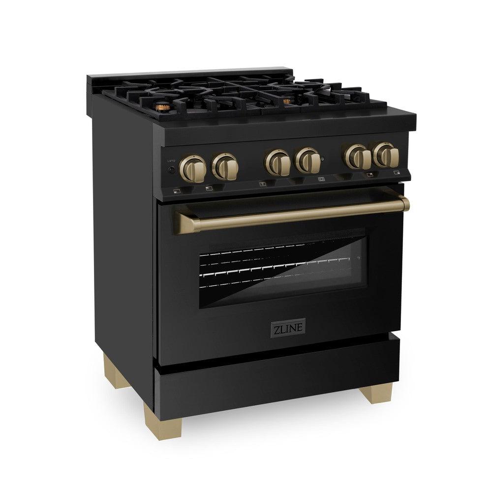 ZLINE Autograph Edition 30-inch 4.0 cu. ft. Dual Fuel Range with 4-Burner Gas Cooktop & Electric Convection Oven - Black Stainless Steel with Champagne Bronze Accents (RABZ 30 CB) - Perfect for Modern Kitchens, Home Chefs & Gourmet Cooking
