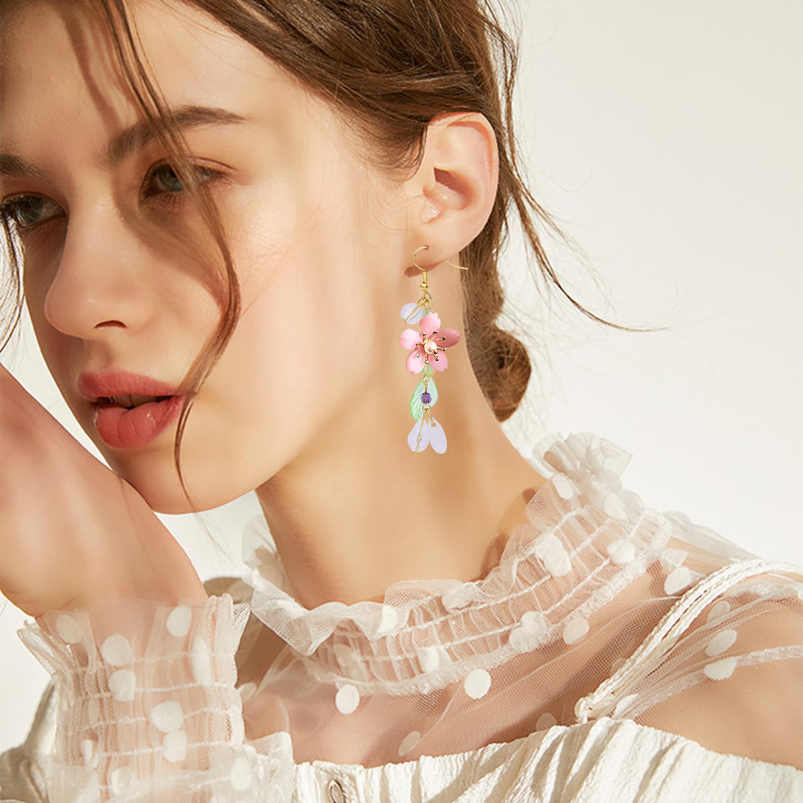 NEWITIN 3 Pairs Long Floral Dangle Earrings for Women - Hypoallergenic Leaf & Tassel Statement Jewelry - Pink Flower Earrings for Party, Wedding & Everyday Wear