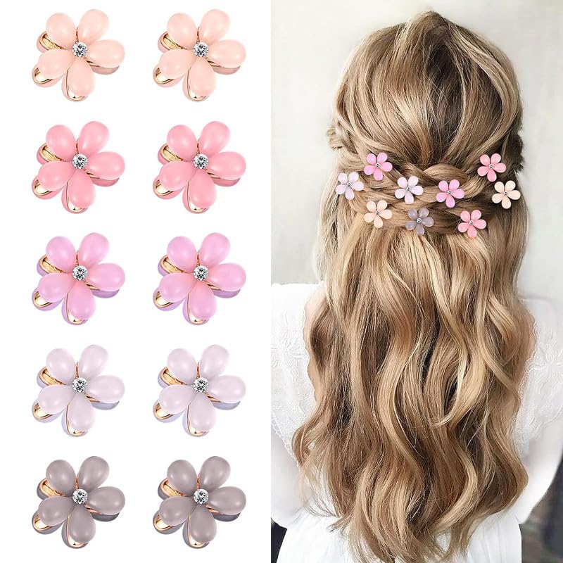 Belicia 10Pcs Small Hair Claw Clips for Women & Girls - Mini Flower Hair Clips with Crystals, Cute Metal Hair Pins, Sparkling Barrettes for Bangs & Side Hair - Non-Slip Hair Accessories (Multicolor) - Perfect for School, Parties, Weddings & Everyday Styling