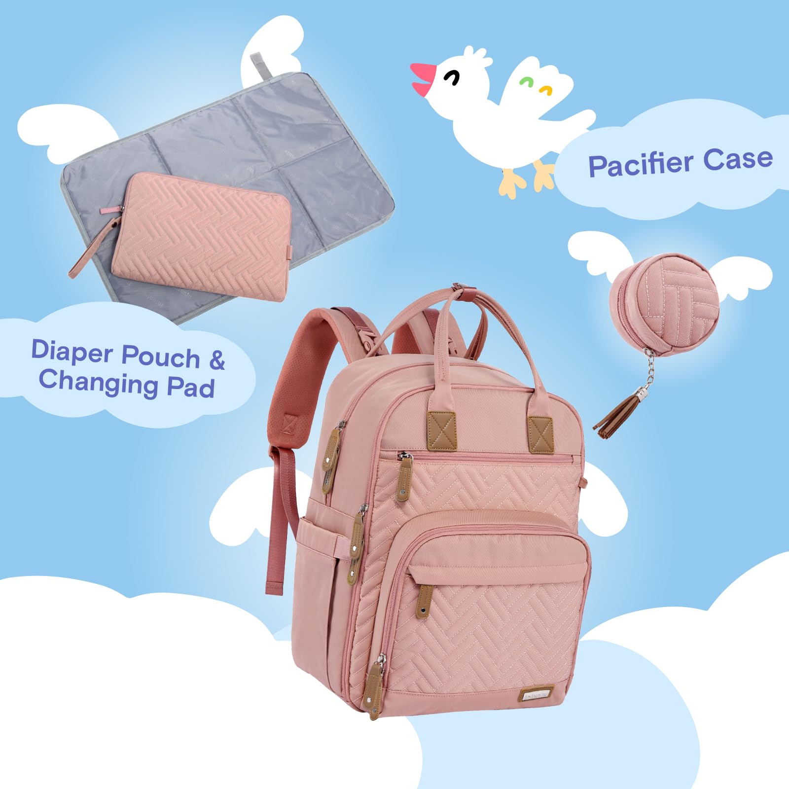 **Iniuniu Waterproof Diaper Backpack - Large 4-in-1 Unisex Baby Bag for Boys & Girls with Changing Pad, Pacifier Case & Stroller Straps (Pink) - Perfect for Travel, Daycare & On-the-Go Parents**
