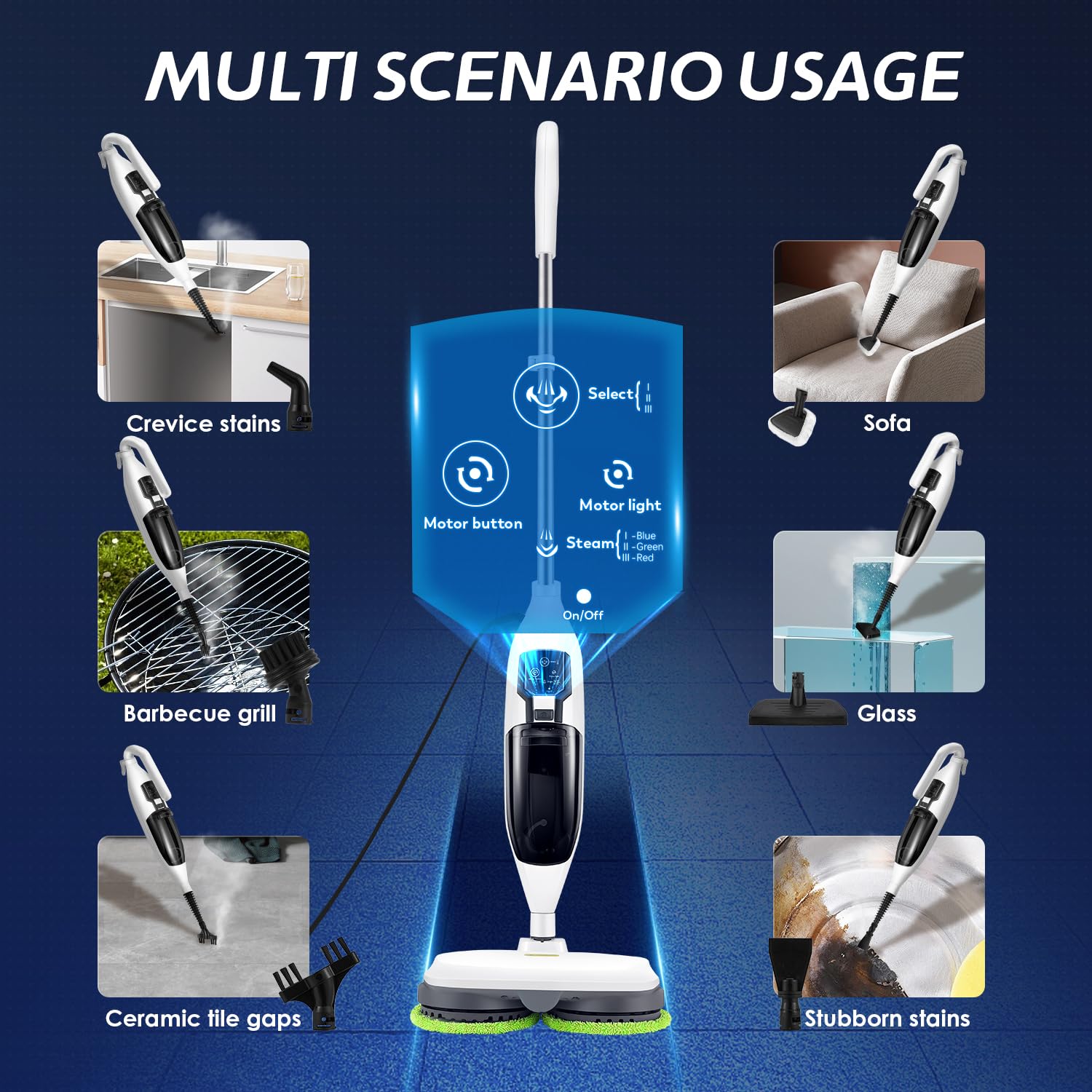 15 in 1 Electric Spin Mop Cleaner with Detachable Handheld Unit - Steam Mop for Hardwood, Laminate Floors, Tile Grout & Car Cleaning - 120V Powerful Steam Cleaner for Home, Kitchen & Bathroom Deep Cleaning