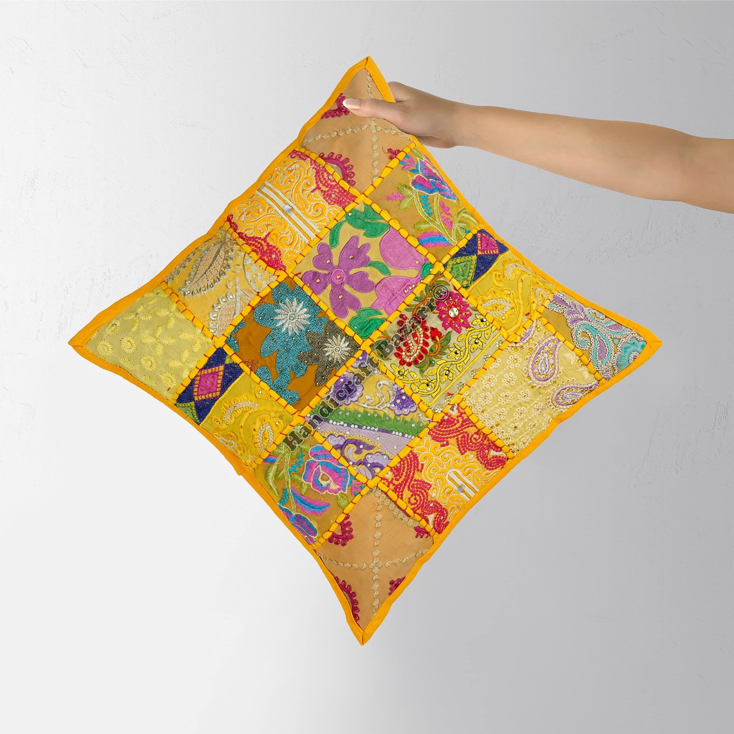 24 Inch Handmade Vintage Patchwork Pillow Cover - Decorative Cushion Cover for Living Room, Bedroom & Dining Room - Yellow Boho Chic Home Decor (Perfect for Sofa, Chair & Bed Accents)