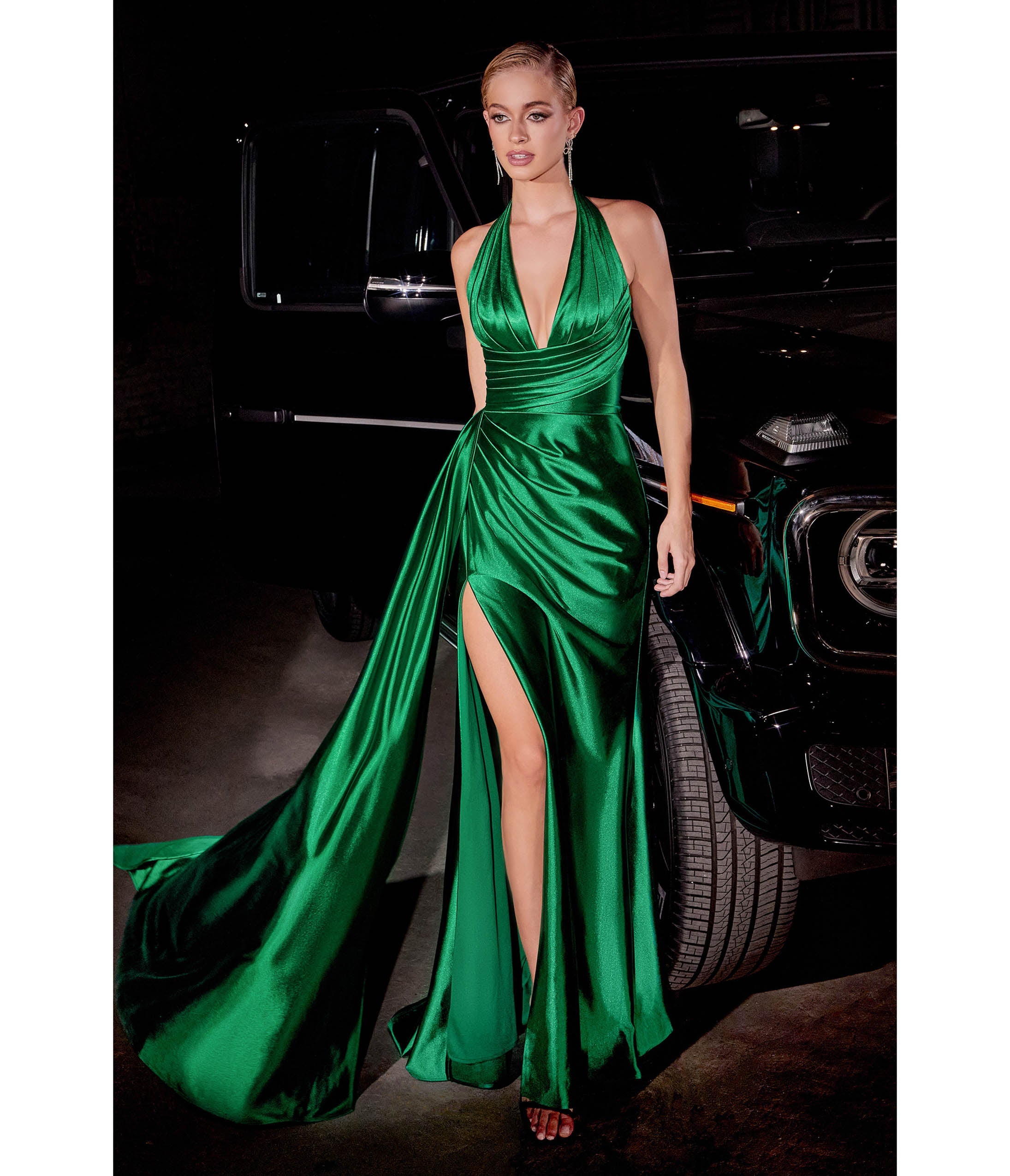 Ladivine by Cinderella Divine Emerald Green Pleated Satin Halter Neck Fitted Slit Evening Dress for Women | Perfect for Prom, Cocktail Parties & Formal Events