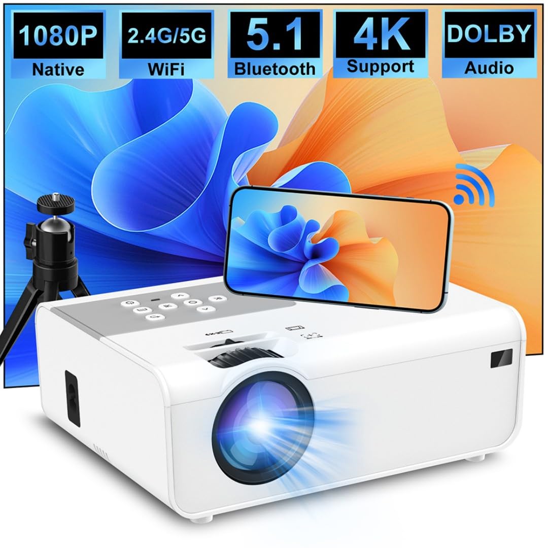 Smart Portable Projector 1080P Full HD - Outdoor Home Theater Movie Projector with HDMI & USB - Compatible with Smartphone, Tablet, Laptop, PC & TV Box (Android) - Perfect for Camping, Backyard Movies & Home Entertainment