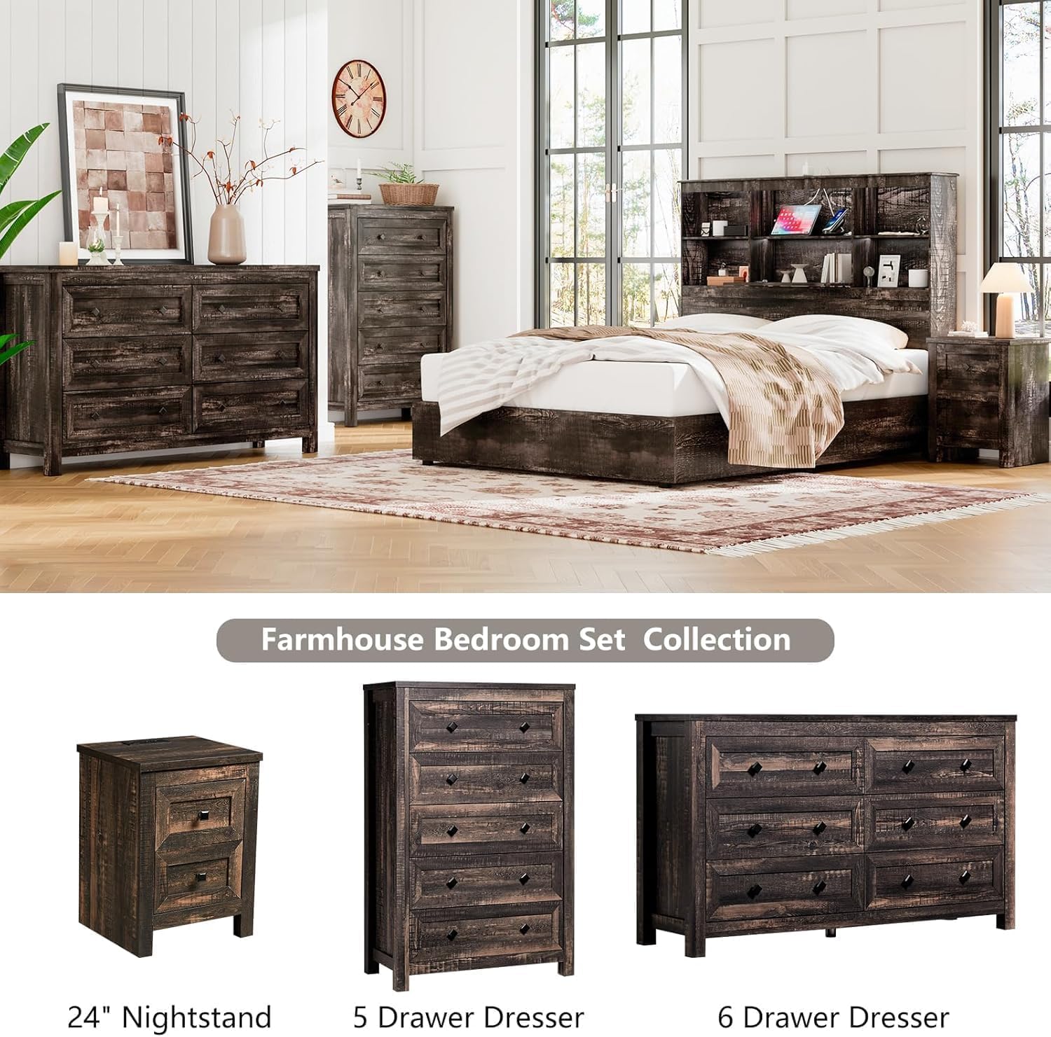 Farmhouse Bedroom Furniture Set - 4 Piece Rustic Wood Dresser & Nightstand with Charging Station | 6-Drawer Storage Dresser, 5-Drawer Dresser & 2 Nightstands | Black Farmhouse Style Bedroom Decor for Cozy Home & Guest Room Setup