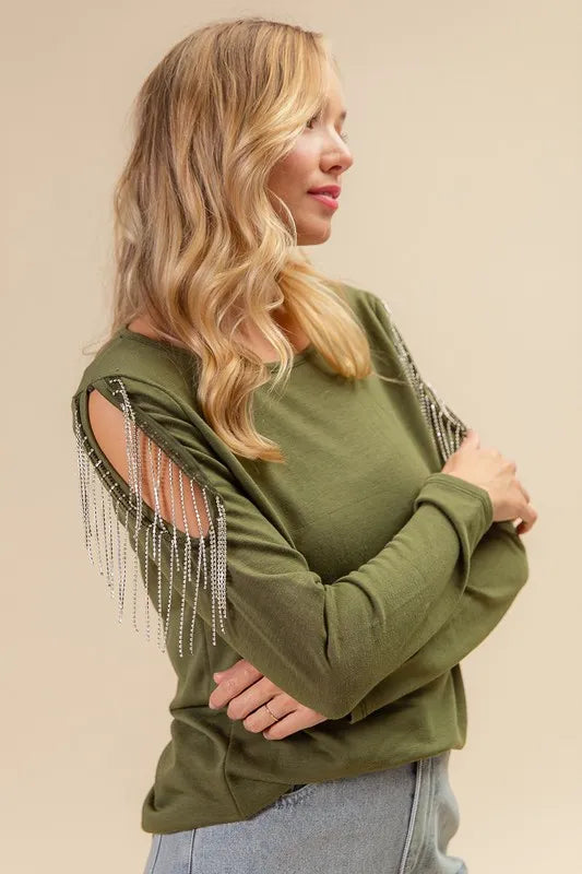 BiBi French Terry Cold Shoulder Ringstone Fringe Top - Stylish Women's Casual Blouse for Summer Outfits & Beach Wear