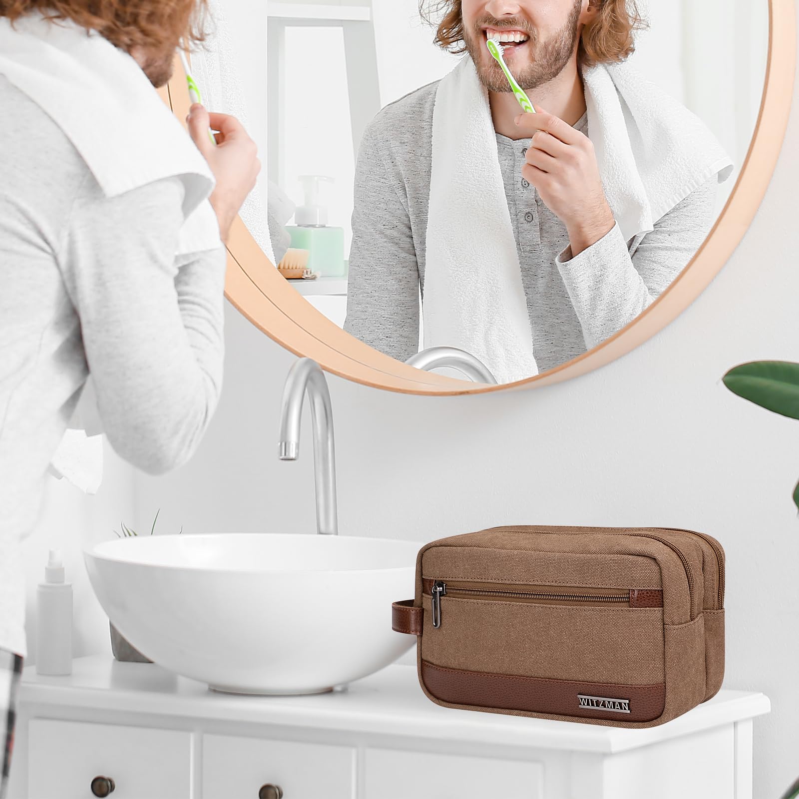 WITZMAN Water-Resistant Hanging Toiletry Bag for Men - Travel Dopp Kit Organizer with Wet Pocket, Durable Canvas Bathroom Bag (A8001 Brown) - Perfect for Camping, Gym & Business Trips