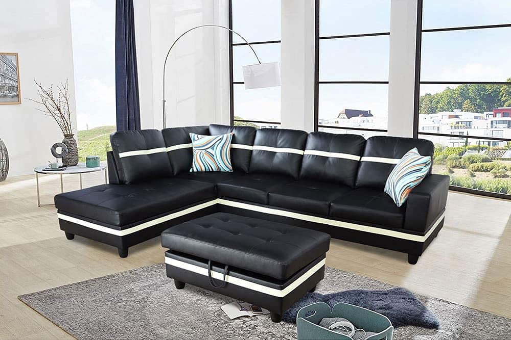 Ponliving 3-Piece L-Shaped Sectional Sofa Set with Chaise, Storage Ottoman & Throw Pillows - Modern Left-Facing Couch in Black & White | Perfect for Living Rooms, Apartments & Small Spaces