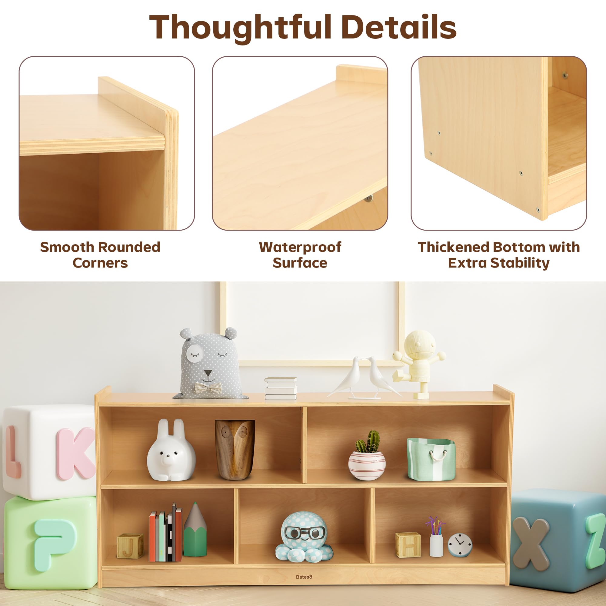 Large Wooden Toy Storage Organizer - 2-Shelf Montessori Bookshelf & 5-Section Kids Bookcase - Sturdy Classroom Storage Cabinet & Toddler Toy Shelf for Kids Room, Playroom, Nursery - Perfect for Organizing Toys, Books, and Learning Materials in Daycare, Preschool, or Home Play Areas