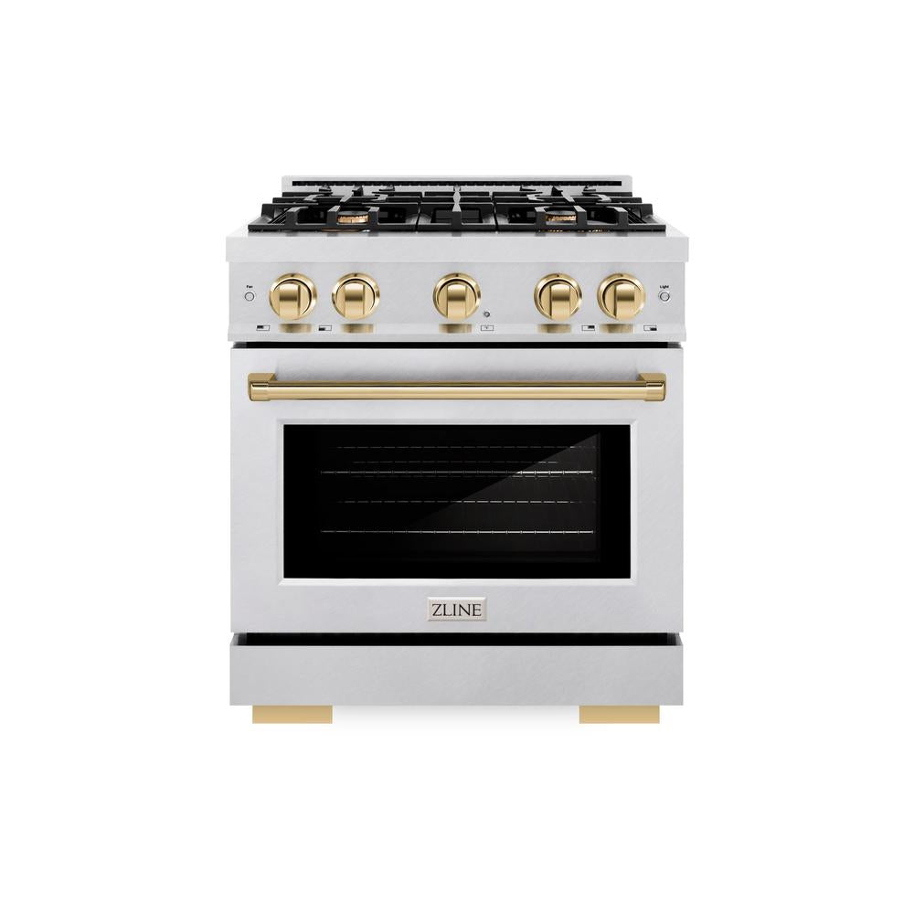 ZLINE Autograph Edition 30 Inch 4.2 cu ft Gas Range - 4 Burner Cooktop & Convection Oven in Satin Stainless Steel with Gold Accents (HGRSZ 30 G) - Perfect for Modern Kitchens & Professional Cooking