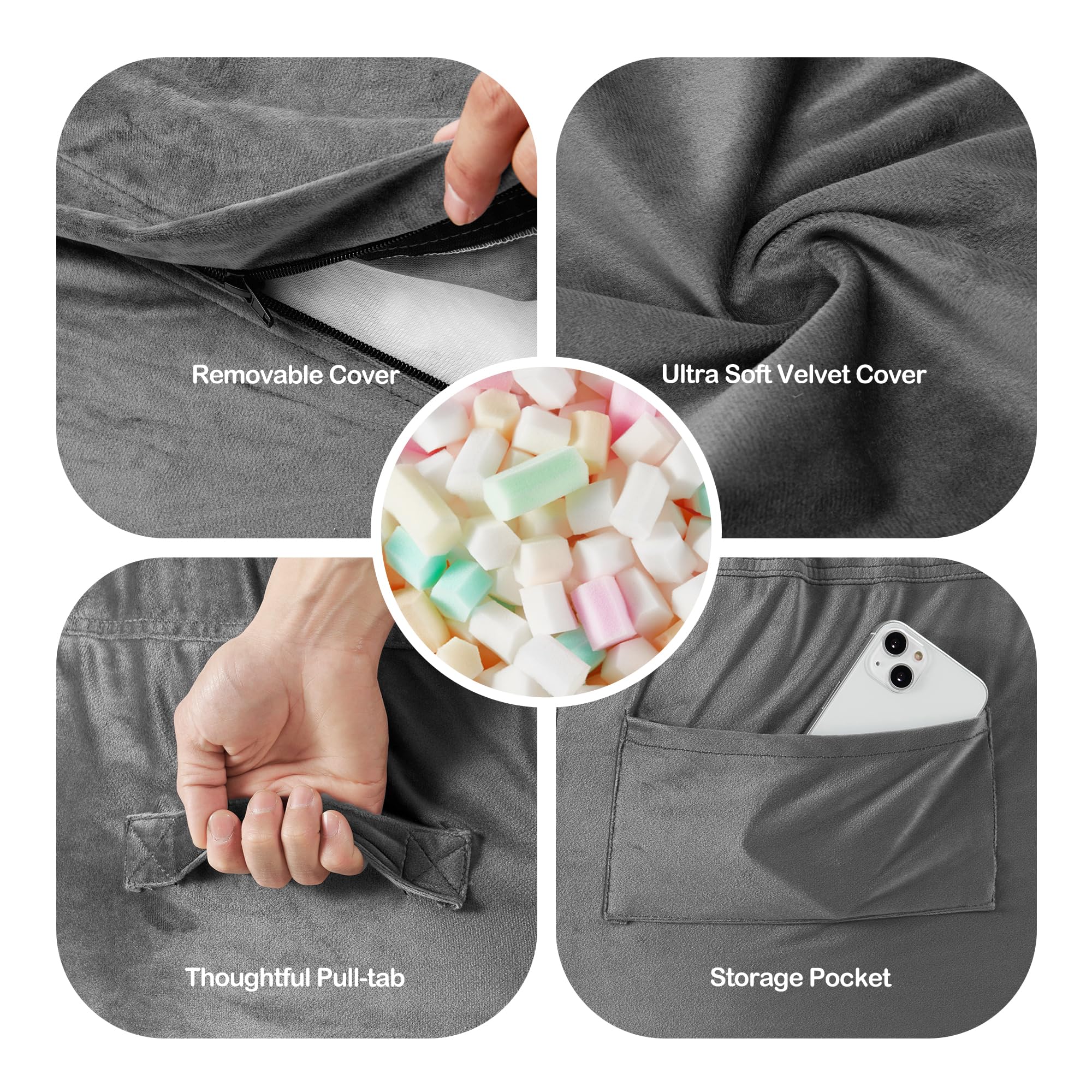 Homguava 5FT Giant Memory Foam Bean Bag Chair for Adults - Ultra Soft Dutch Velvet Cover, Comfortable Lounge Chair for Living Room, Bedroom, Game Room (Grey) - Perfect for Relaxing, Gaming & Movie Nights